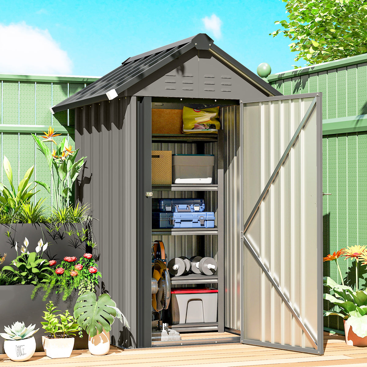 Outdoor Storage Shed with Lockable Door, Metal Garden Shed with 4 Vents for Backyard Patio