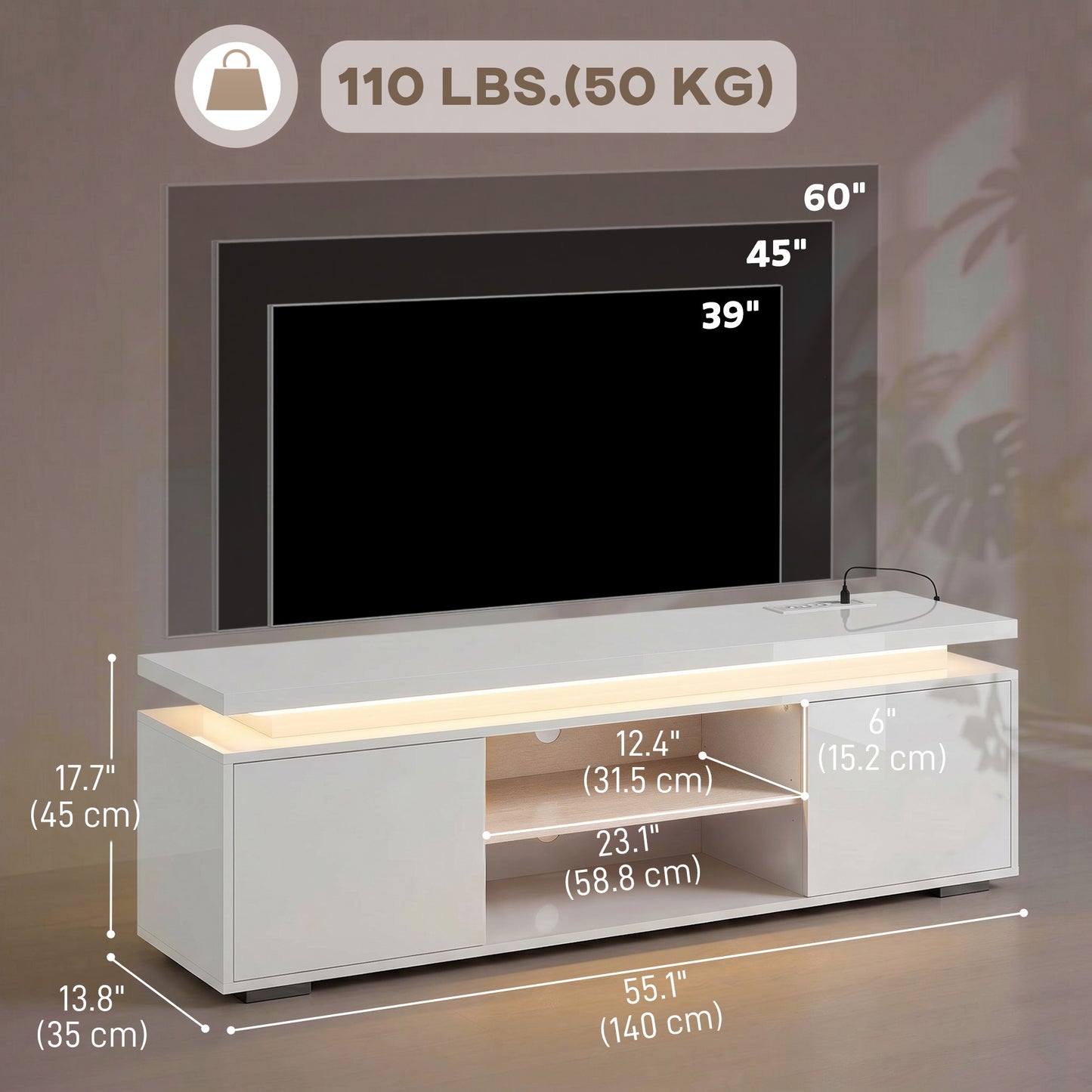 HOMCOM TV Stand with LED Lights, High Gloss White