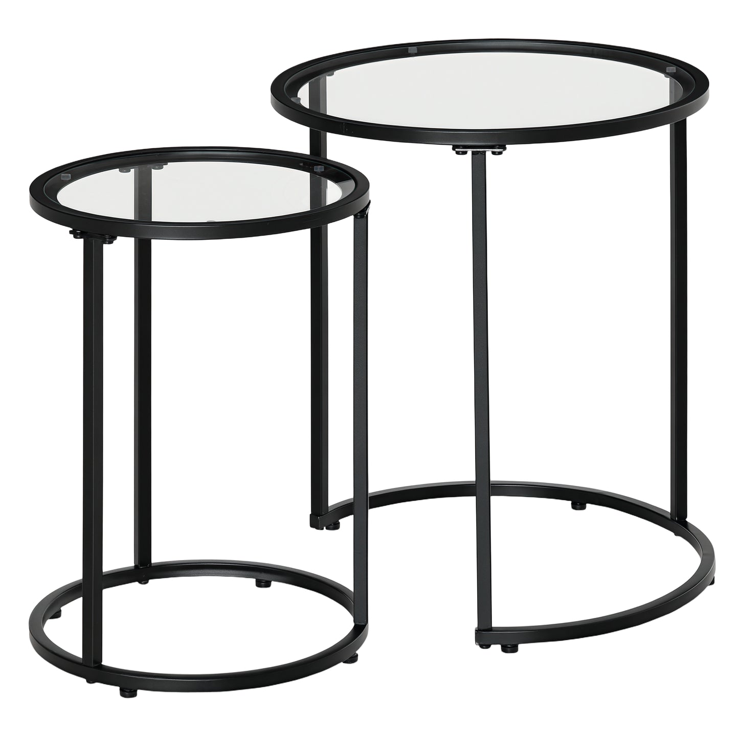 HOMCOM 2-Piece Nesting Round Coffee Tables, Tempered Glass Tops, Black Metal Base