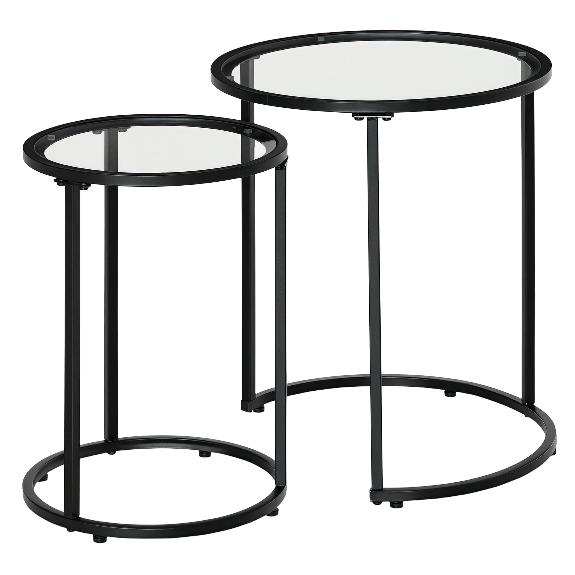 HOMCOM 2-Piece Nesting Round Coffee Tables, Tempered Glass Tops, Black Metal Base