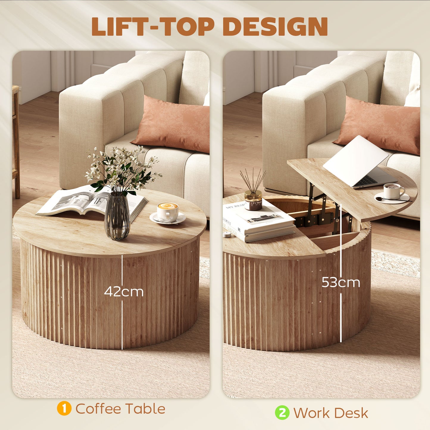 HOMCOM Round Lift Top Coffee Table 80cm Storage Natural Wood