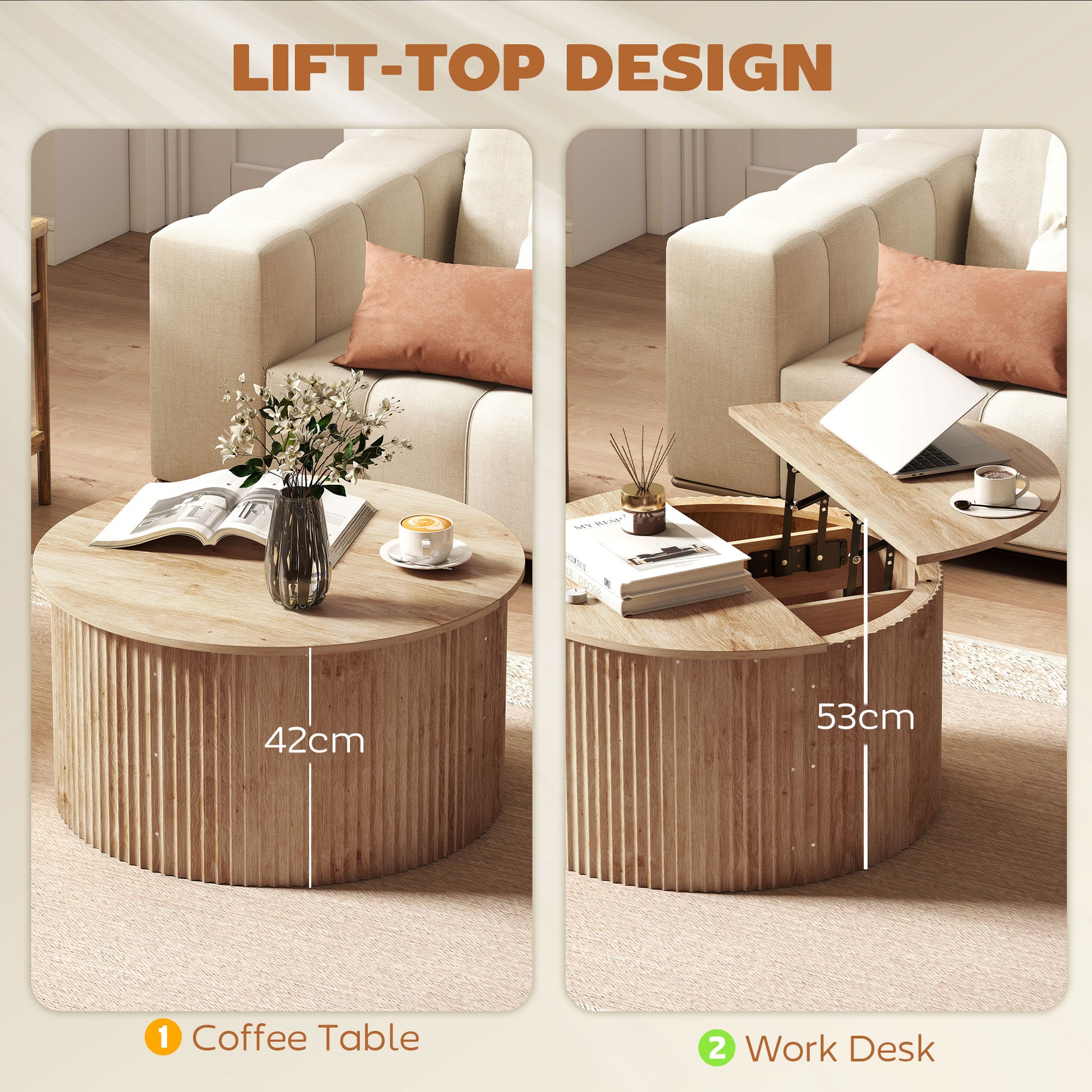 HOMCOM Round Lift Top Coffee Table 80cm Storage Natural Wood