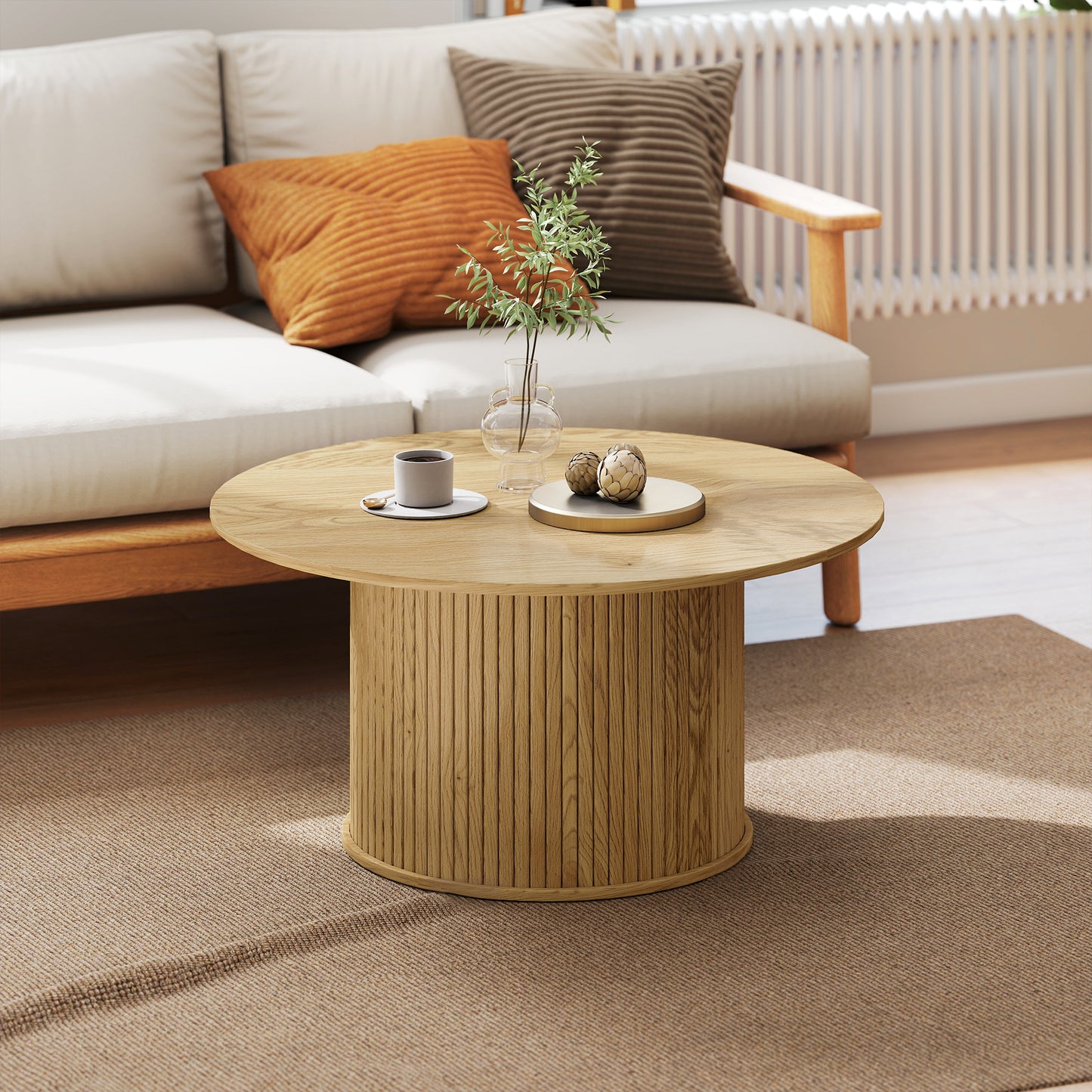 HOMCOM Nordic Round Oak Coffee Table with Fluted Cylindrical Base for Living Room