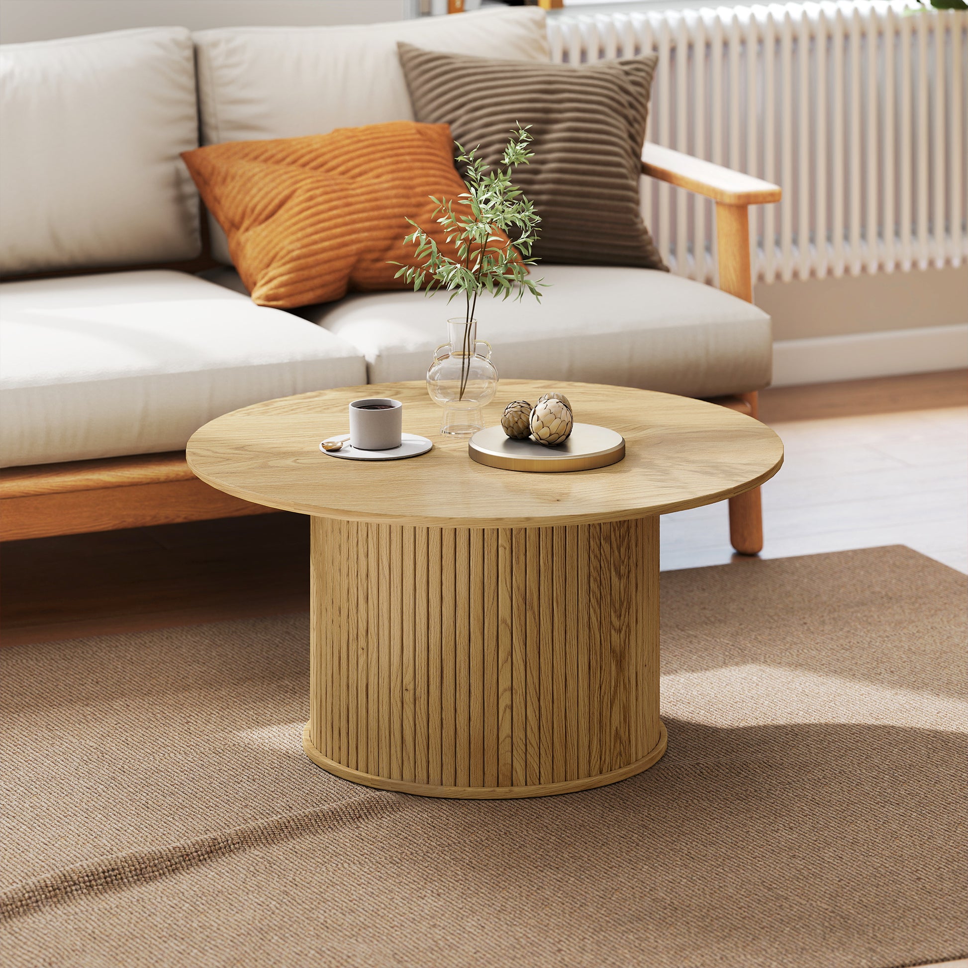 HOMCOM Nordic Round Oak Coffee Table with Fluted Cylindrical Base for Living Room