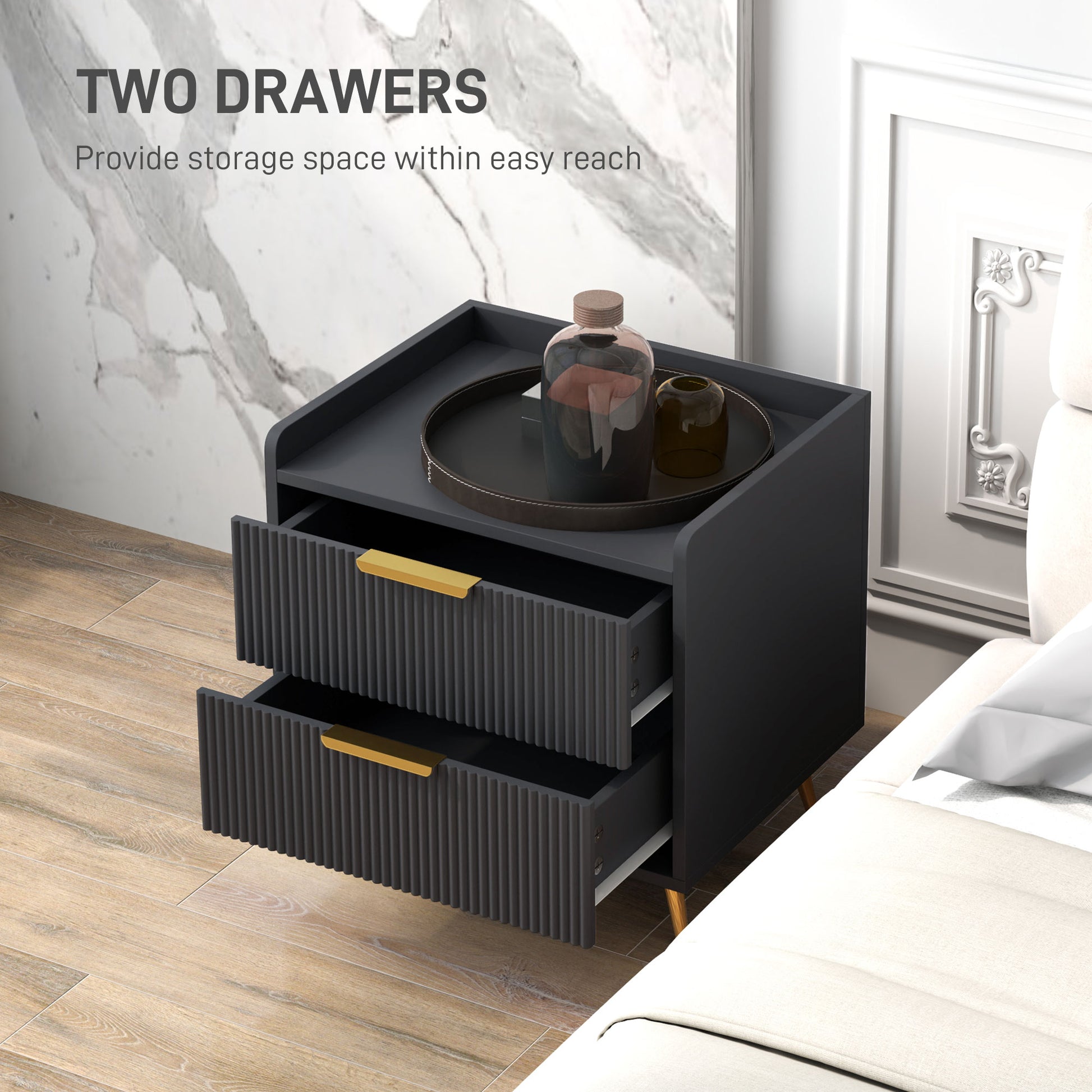 Modern Black Nightstand with Fluted Drawers, Gold Metal Legs, Bedroom Storage