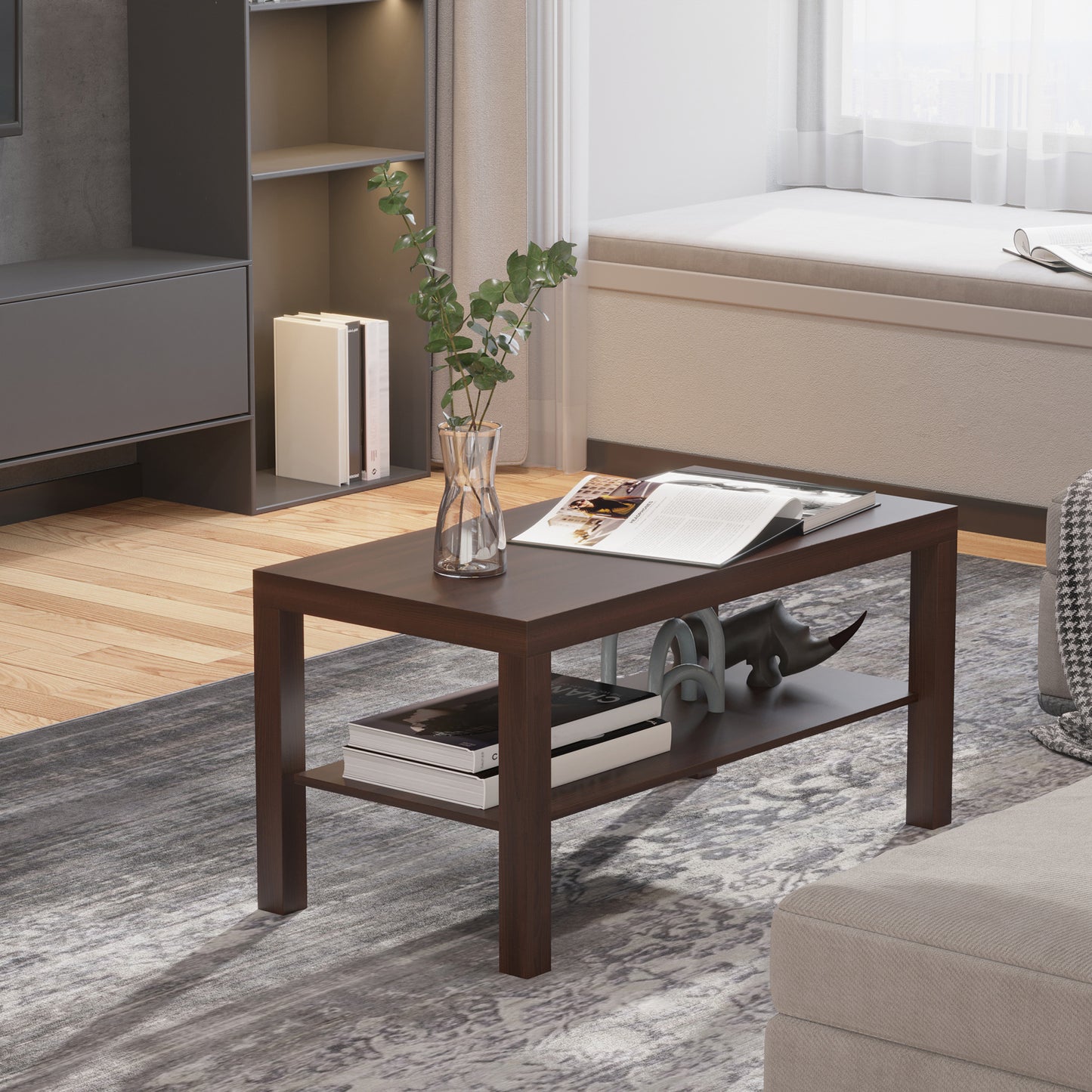 HOMCOM Modern Walnut Wood Coffee Table with 2-Tier Storage Shelf