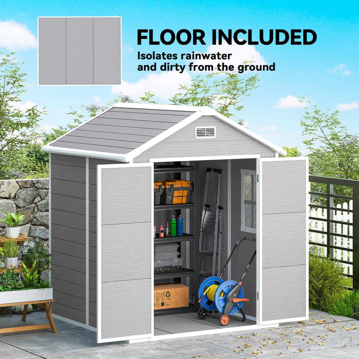 6x5 Plastic Garden Shed, Outdoor Storage Shed with Floor, Window, Lockable Doors and Vents