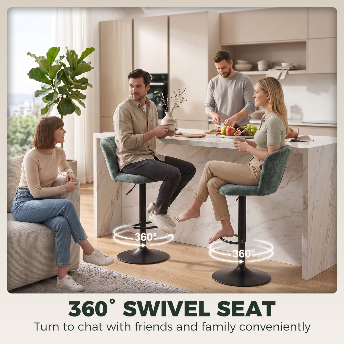 Chenille Adjustable Swivel Bar Stools with Back and Footrest, Set of 2, Dark Green