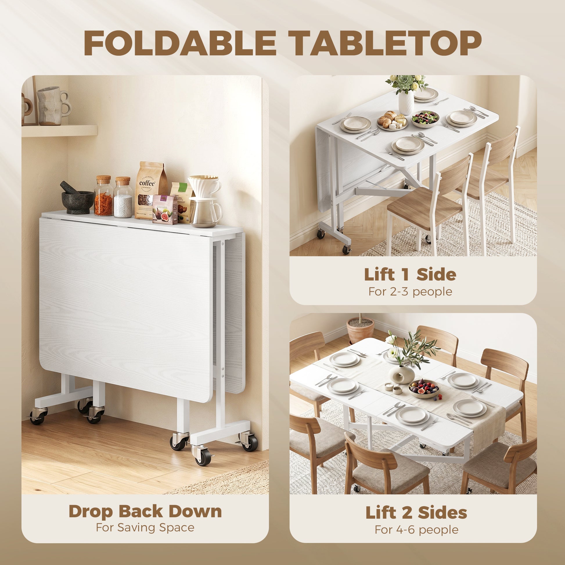 HOMCOM Six-Seater Drop-Leaf Dining Table with Wheels White
