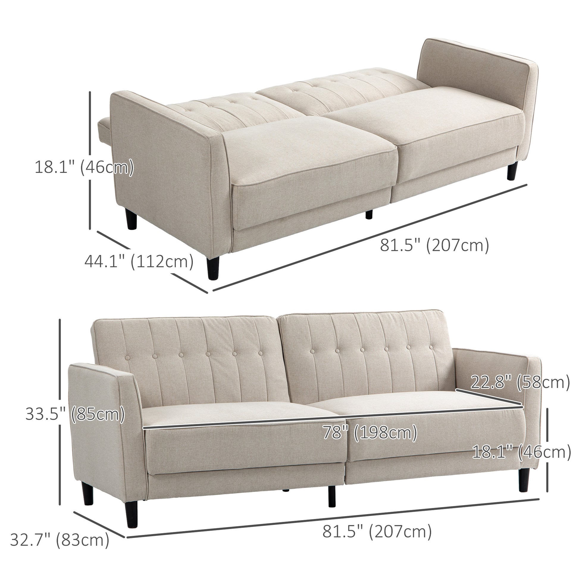 HOMCOM Button Tufted Fabric Couch Bed with Adjustable Back for Living Room