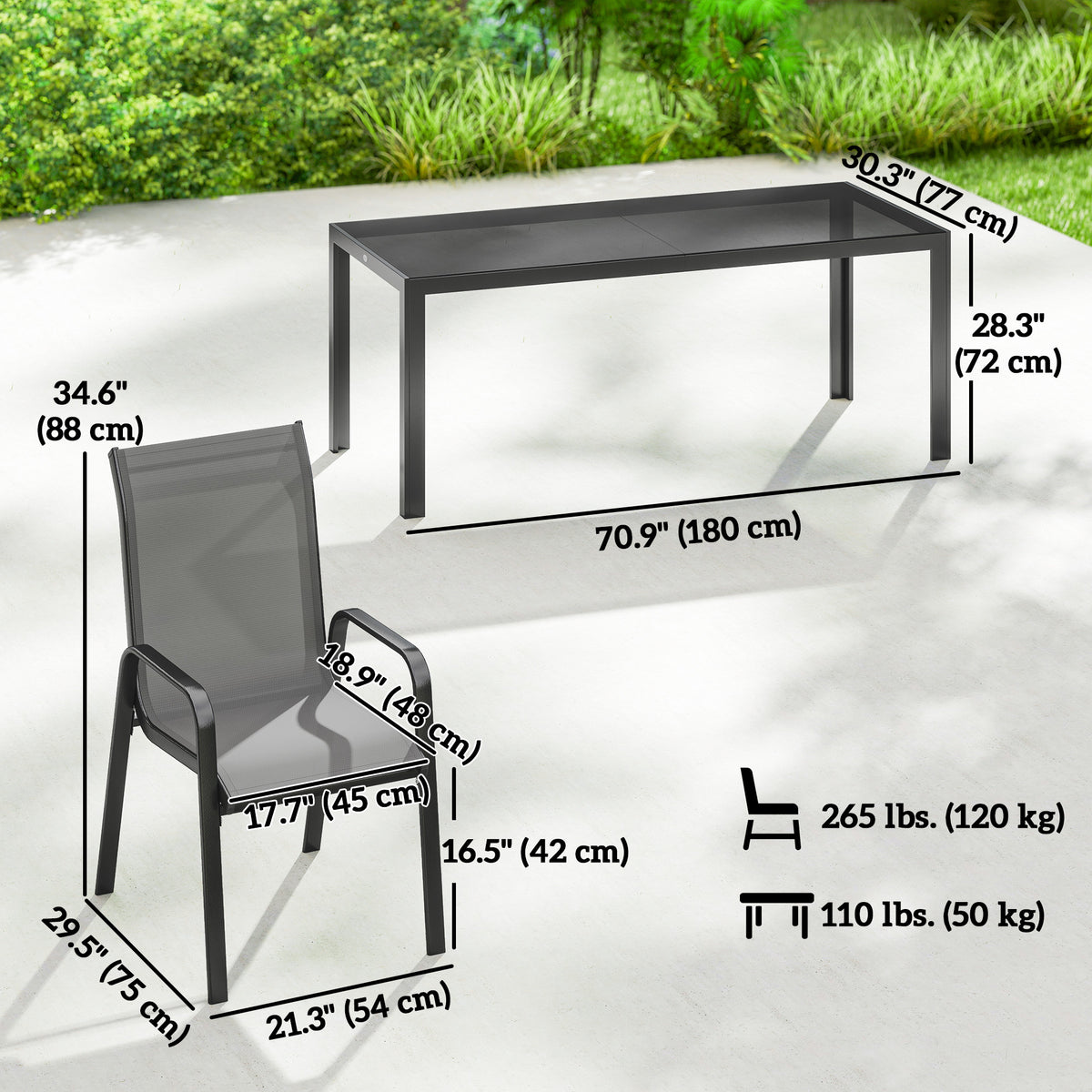 Outdoor Dining Sets for 8 with Stackable Chairs, Patio Dining Set with Glass Top Table for Garden, Patio, Backyard – Dark Grey