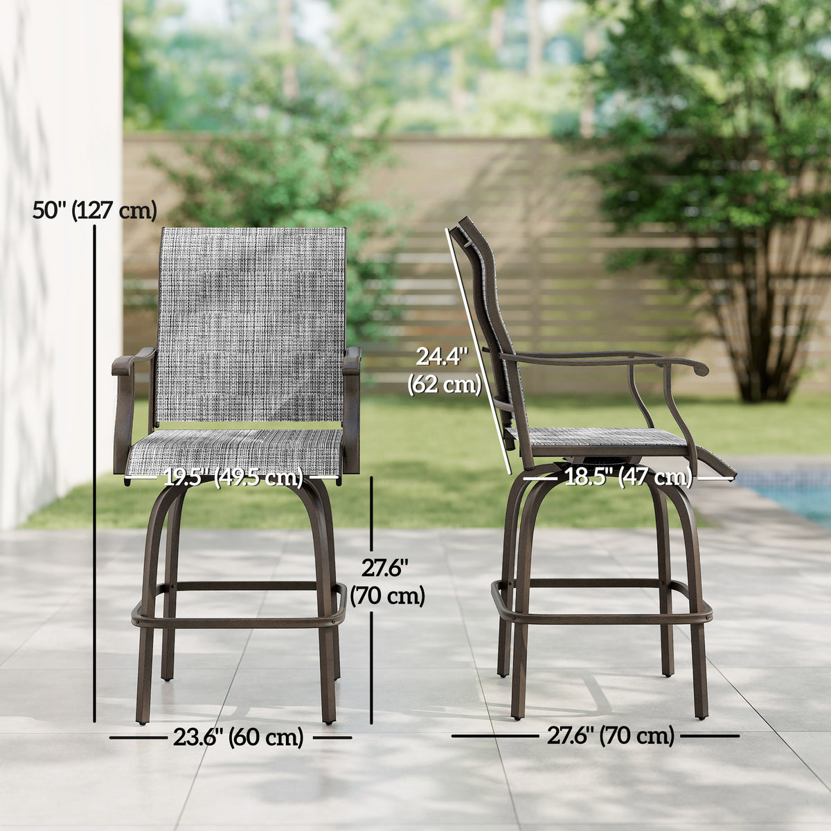 Outdoor Bar Stools Set of 2, Swivel Bar Height Chairs with High Back, Curved Armrests and Steel Frame