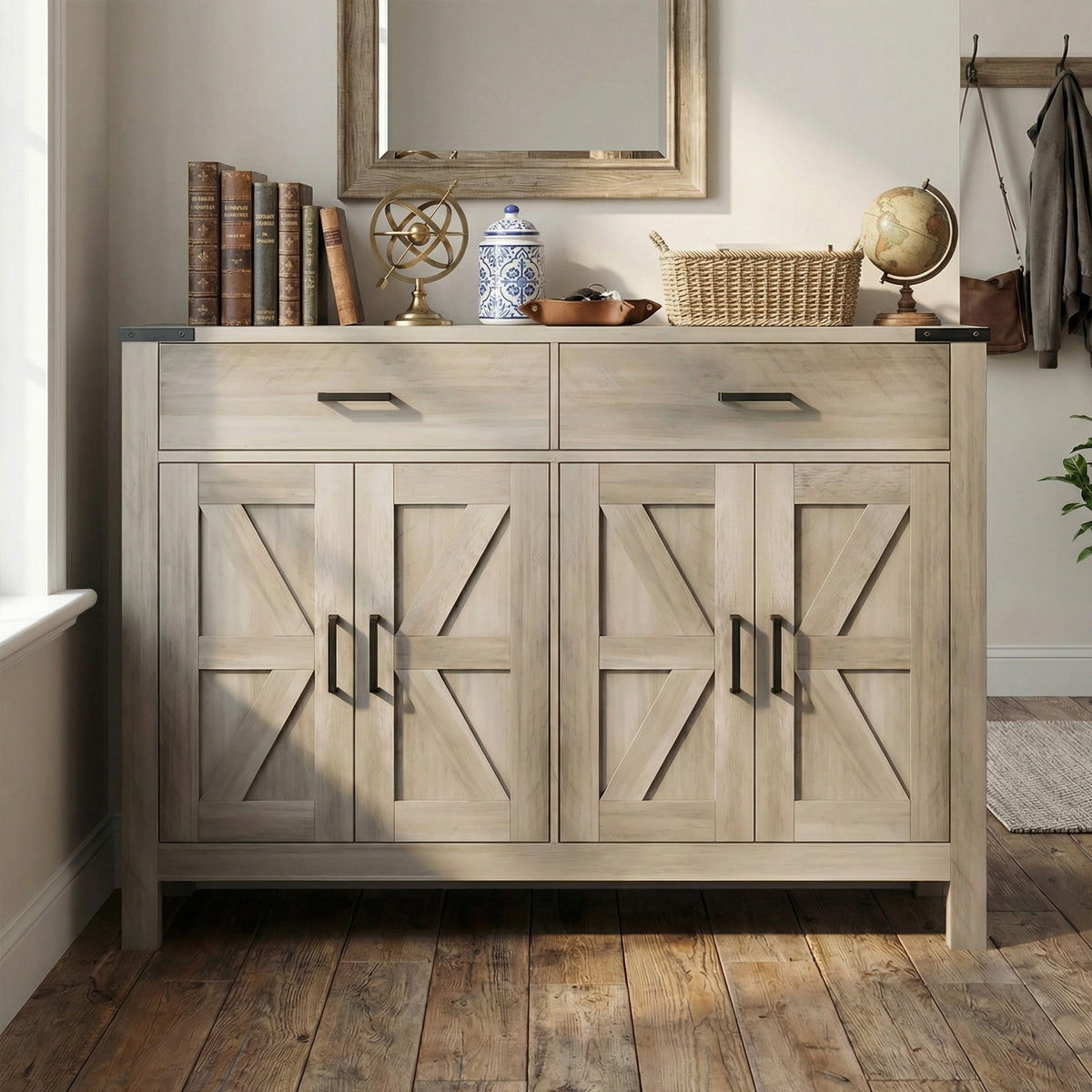 Farmhouse Kitchen Storage Cabinet with 2 Drawers and Shelves – 47"W x 33"H