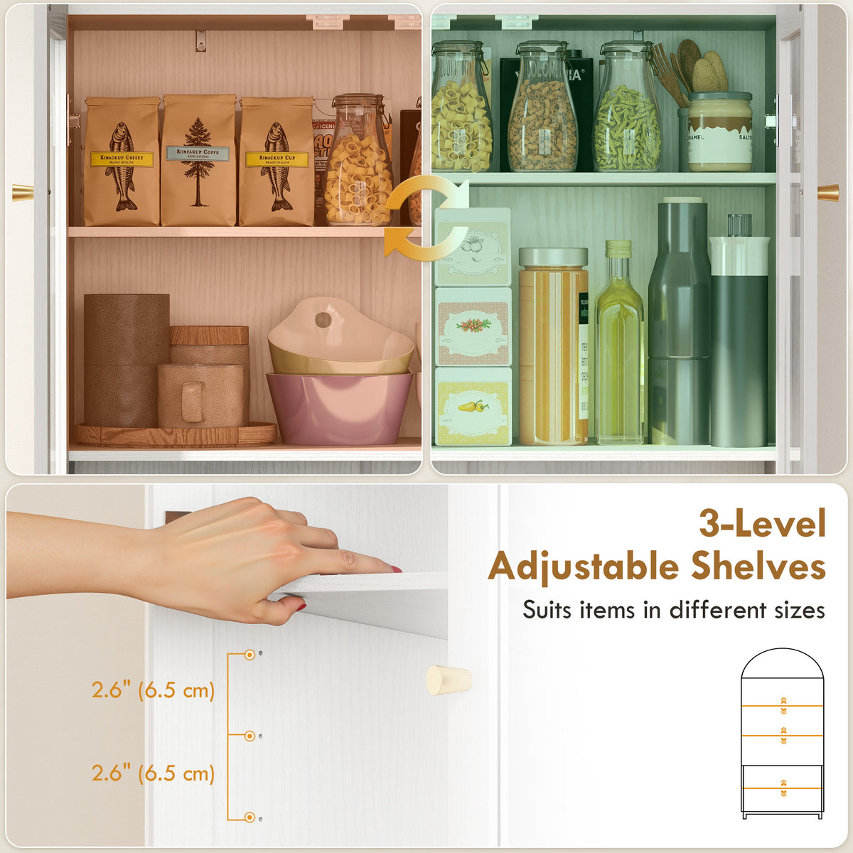 Farmhouse Kitchen Storage Cabinet with Acrylic Glass Doors – 31"W x 71"H