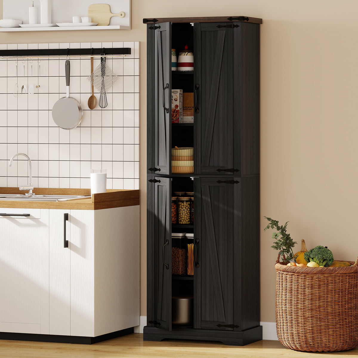 Farmhouse Freestanding Kitchen Storage Cabinet with Adjustable Shelves – 24"W x 72"H