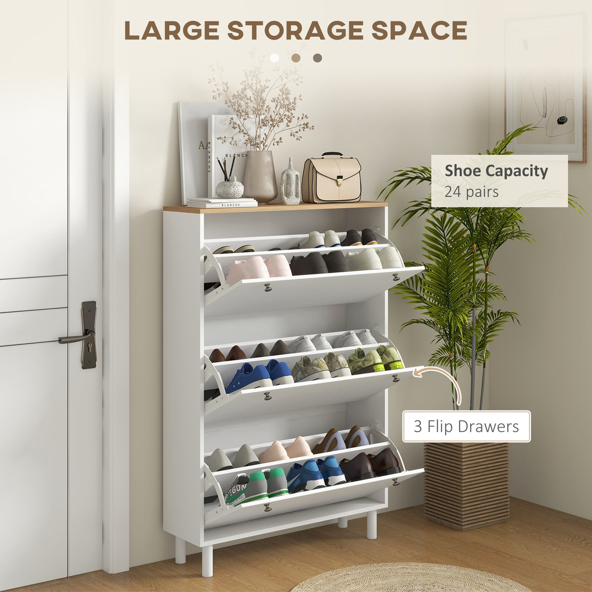 Modern Entryway Shoe Cabinet with 3 Flip Drawers – 32"W x 48"H