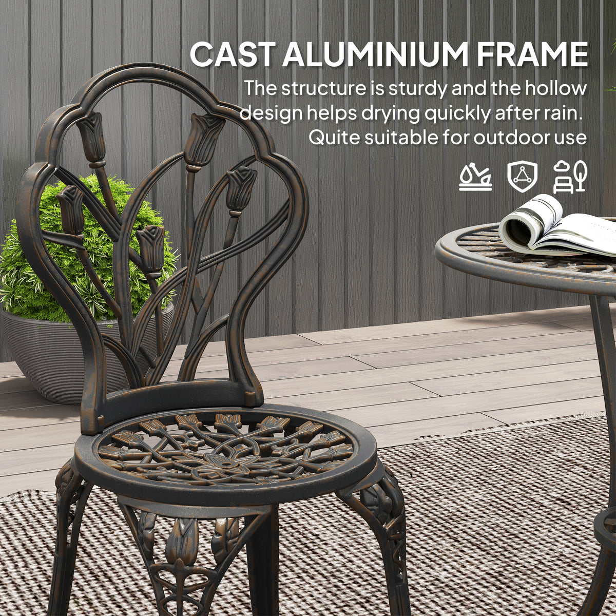 3PCs Patio Bistro Set, Outdoor Cast Aluminum Garden Table and Chairs with Umbrella Hole for Balcony, Bronze – Bronze