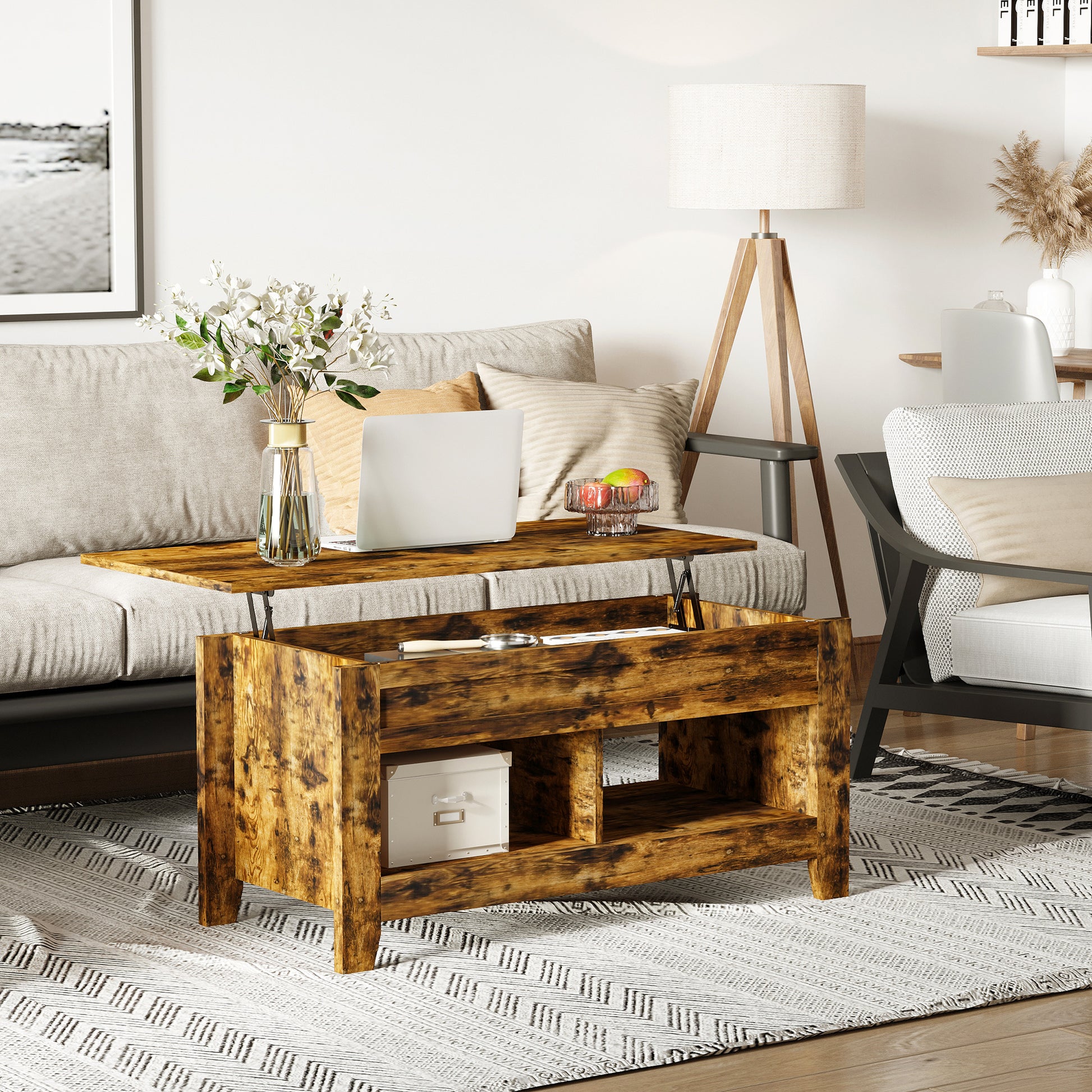 Modern Lift-Top Coffee Table with Hidden Storage & Open Shelves, Rustic Brown