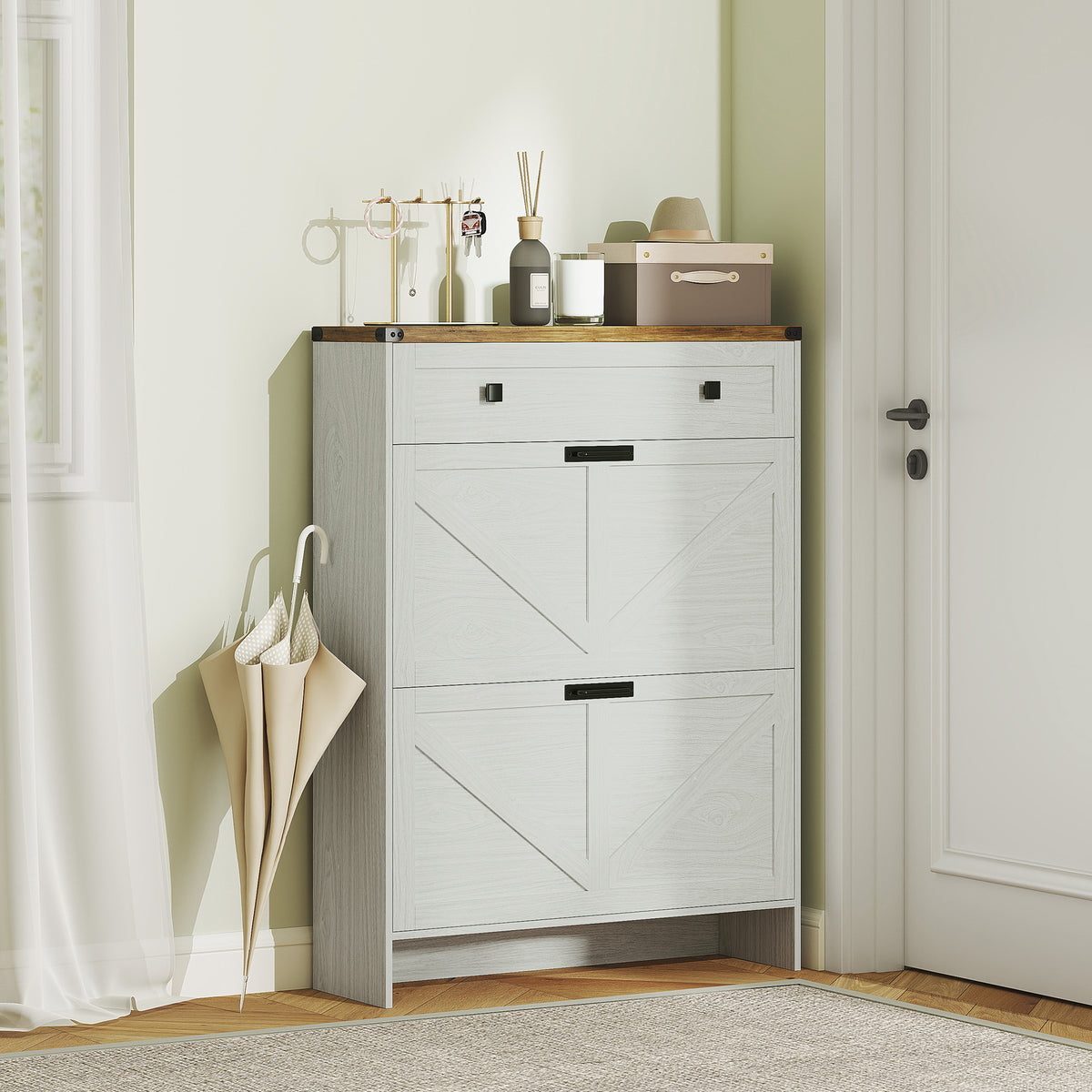 Farmhouse Narrow Shoe Cabinet with 2 Flip Drawers – 32"W x 43"H