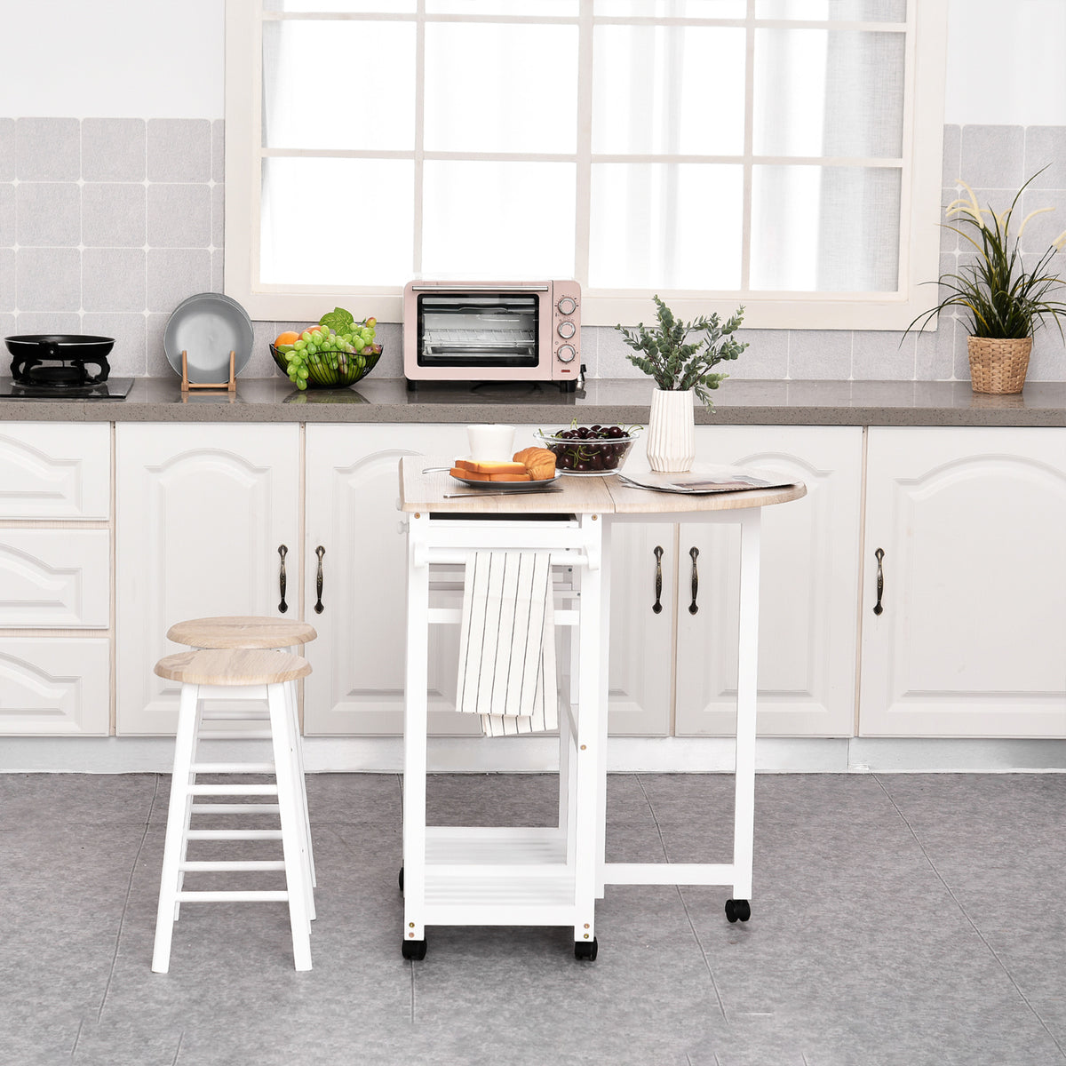 HOMCOM Kitchen Trolley 3-Piece Set with Drop Leaf Table, White