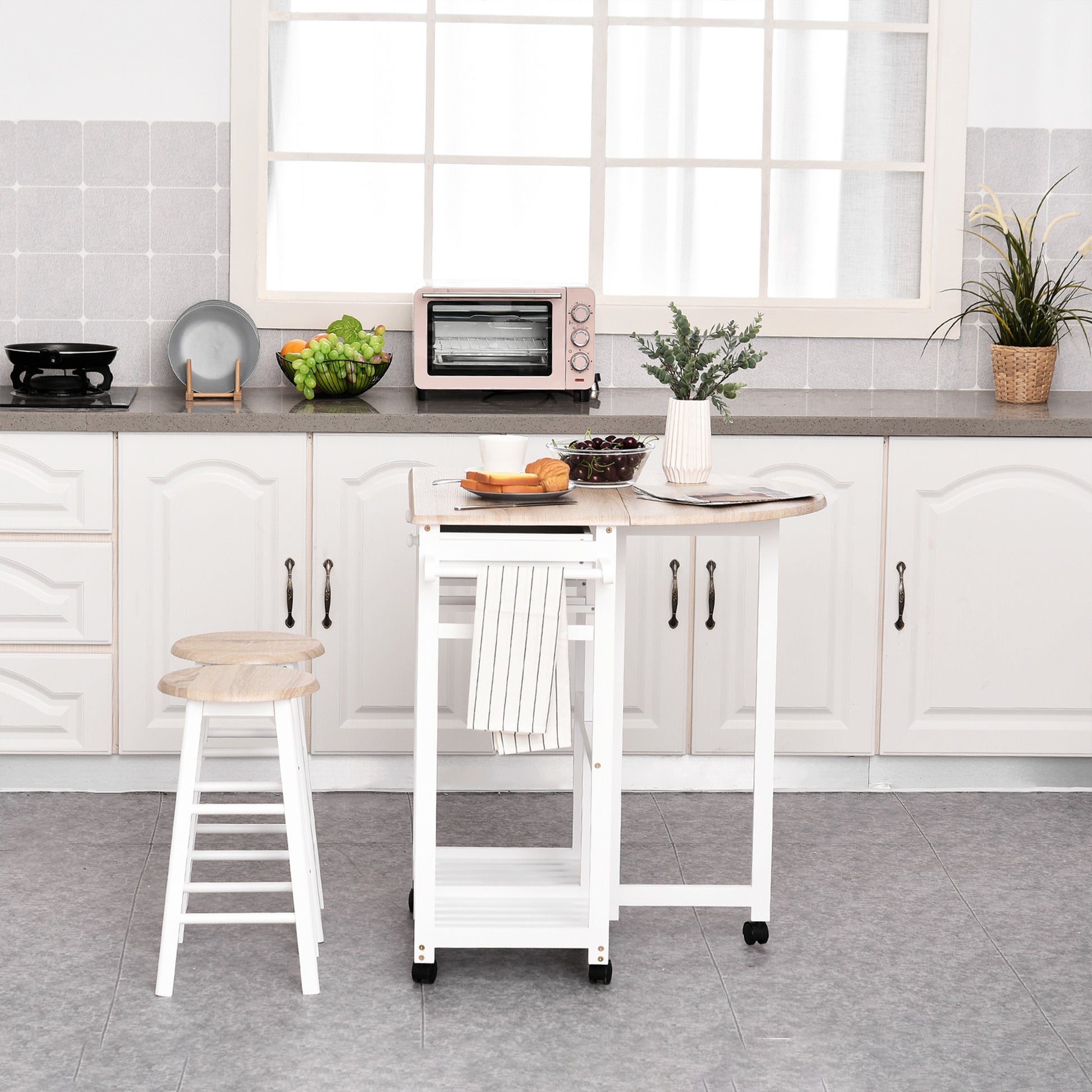 HOMCOM Kitchen Trolley 3-Piece Set with Drop Leaf Table, White