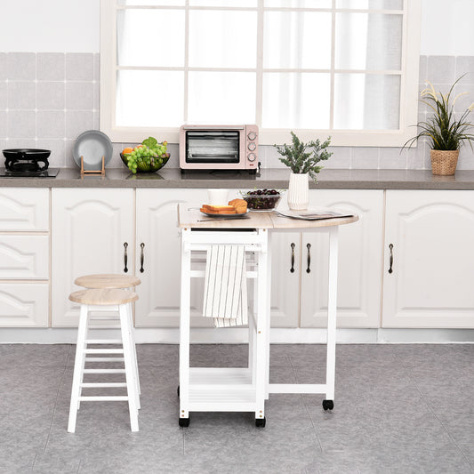 HOMCOM Kitchen Trolley 3-Piece Set with Drop Leaf Table, White