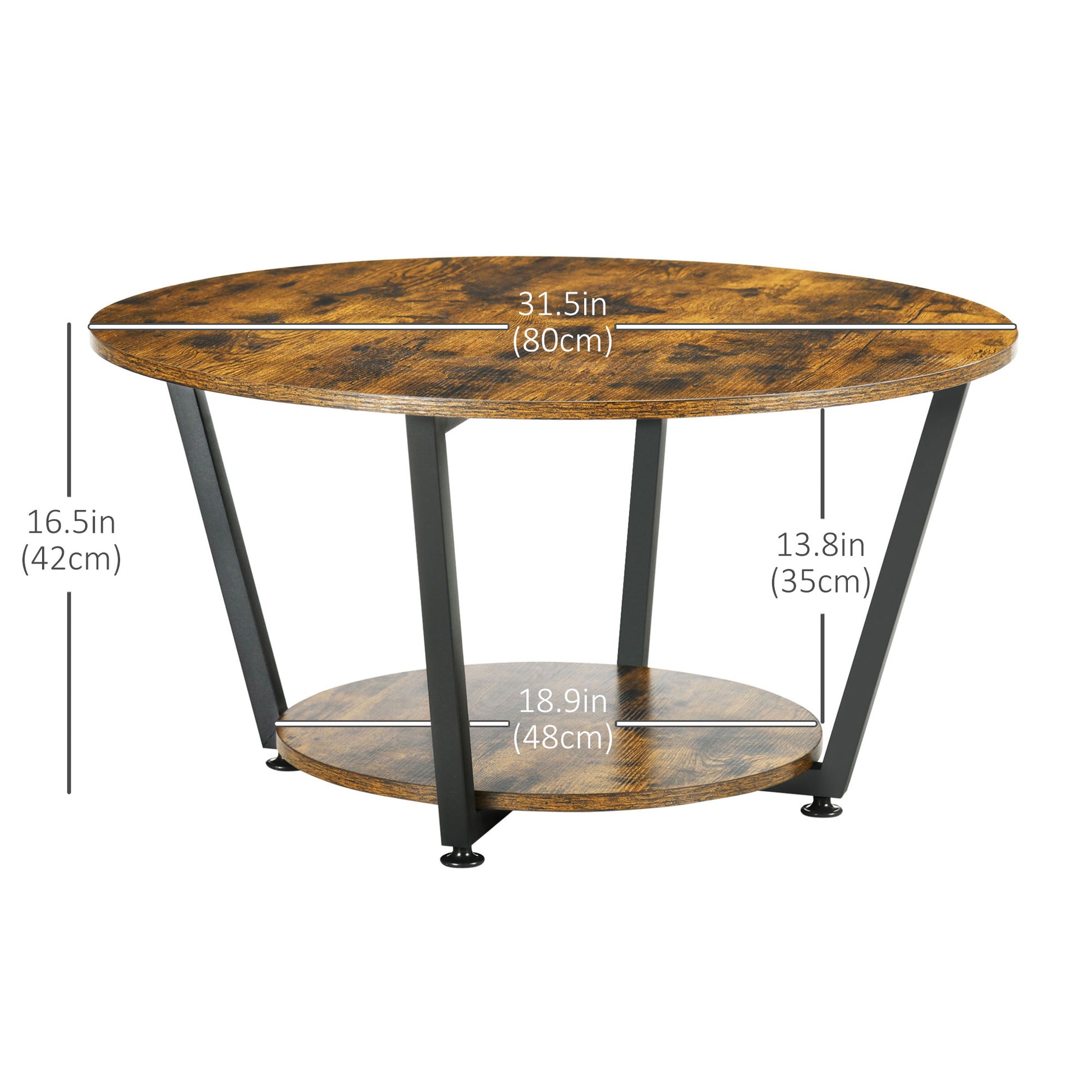 HOMCOM Round Industrial Coffee Table with Storage Shelf, Steel Frame, Rustic Brown