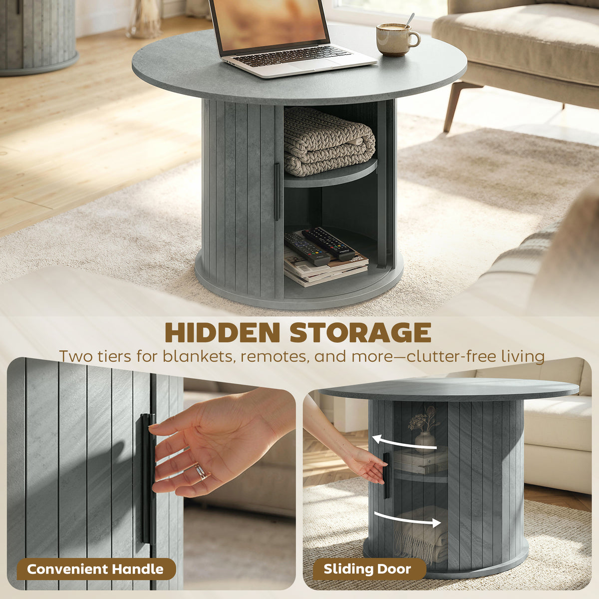 31.5" Round Coffee Table with Slatted Storage Pedestal, Cement Grey
