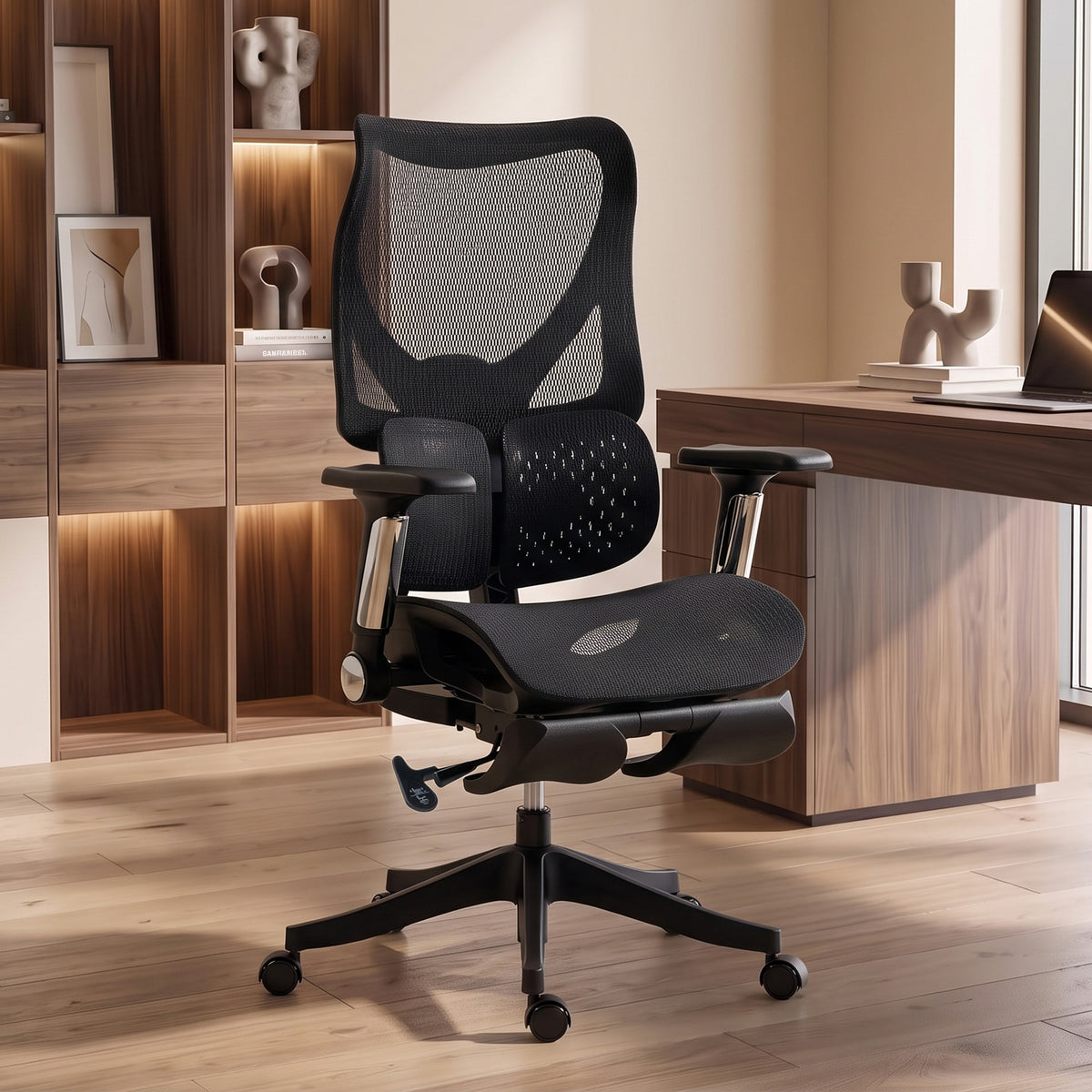 Ergonomic Office Chair with Lumbar Support, Mesh Reclining Desk Chair with Footrest, Black