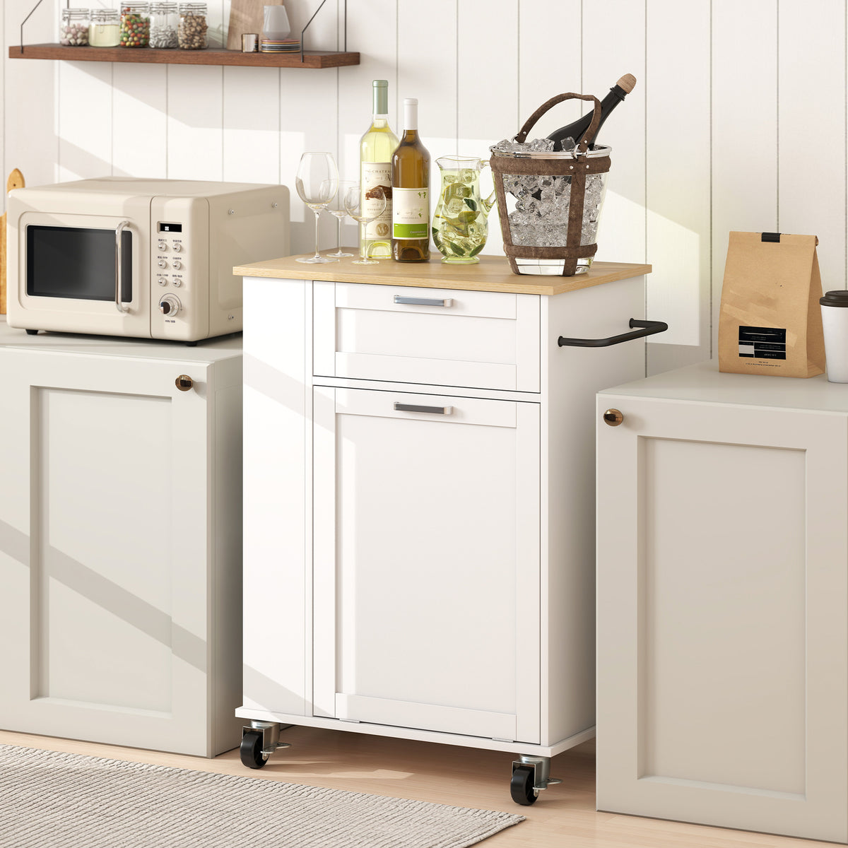 Rolling Kitchen Island with Trash Can Storage – 28"W x 35"H