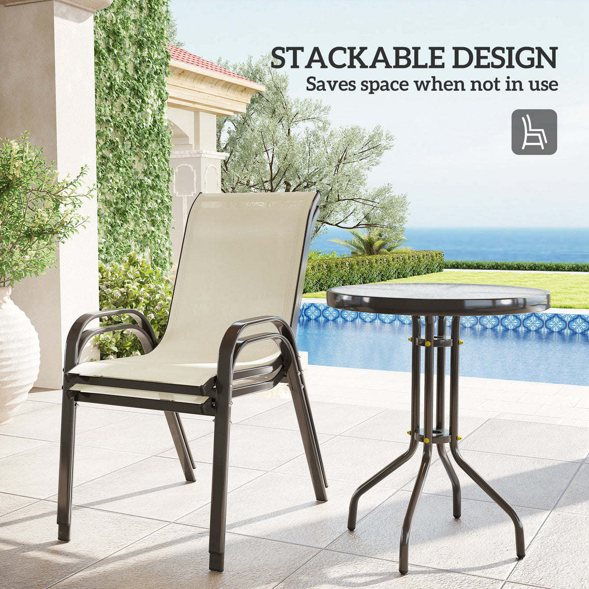 3 Pieces Bistro Set, Small Patio Furniture Set with Stackable Mesh Chairs, Glass Table for Garden, Balcony – Beige