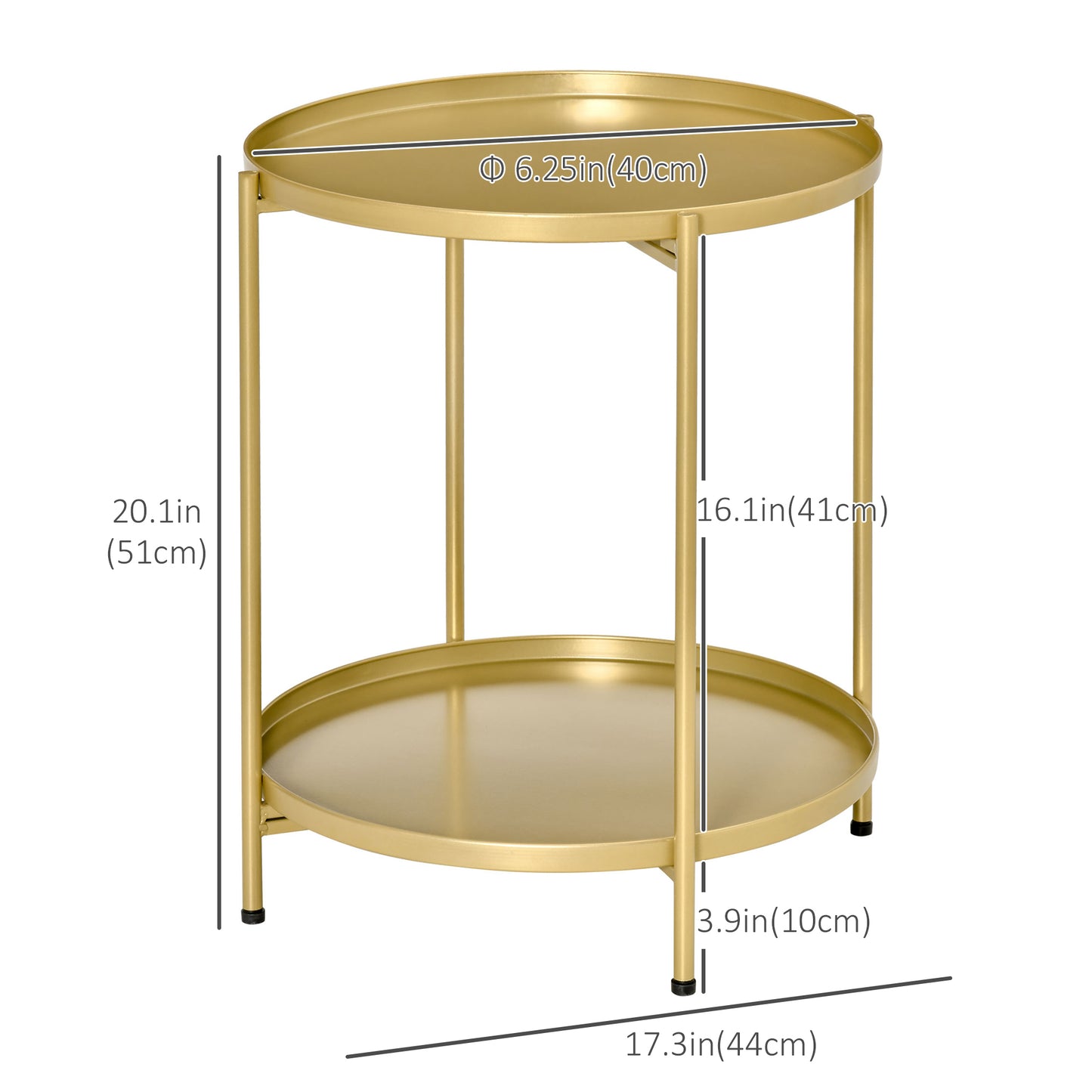 HOMCOM 2-Tier Gold Round Side Table, Removable Trays, Folding Metal Frame