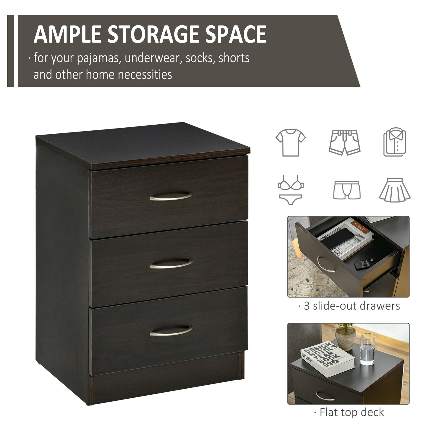 HOMCOM Modern White Nightstand Set, 3-Drawer Bedside Table with Open Shelf