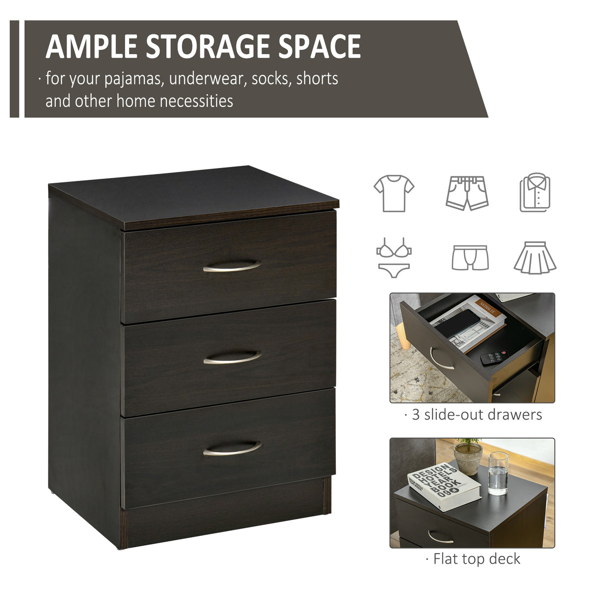 3-Drawer Wood Nightstands with Anti-Tip Design, Set of 2 – 16"W x 23"H