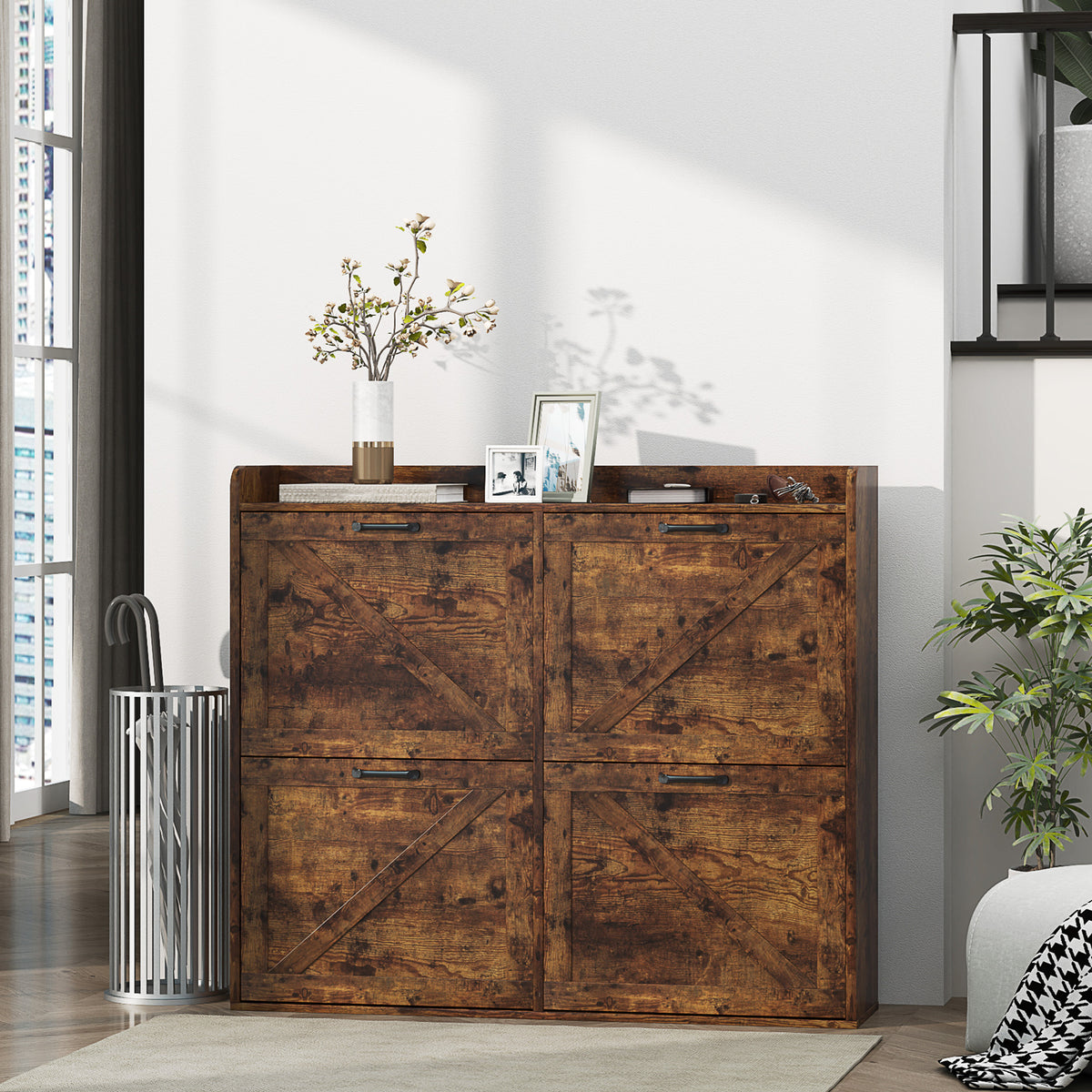 Narrow Shoe Storage Cabinet with 4 Flip Drawers – 41"W x 35"H