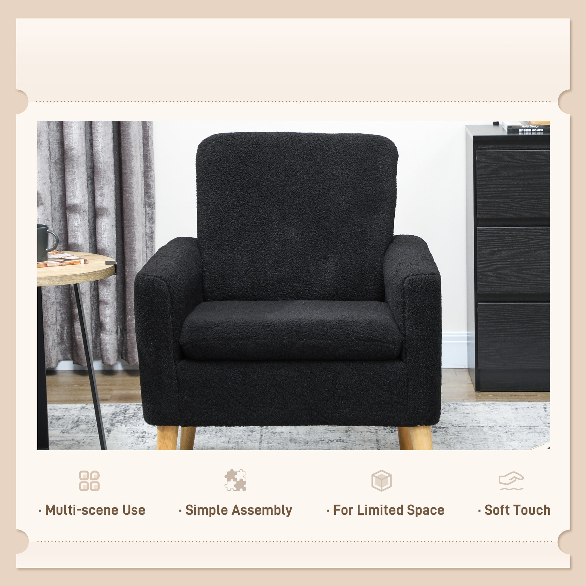 HOMCOM Modern Upholstered Black Fabric Accent Chair with Wood Legs