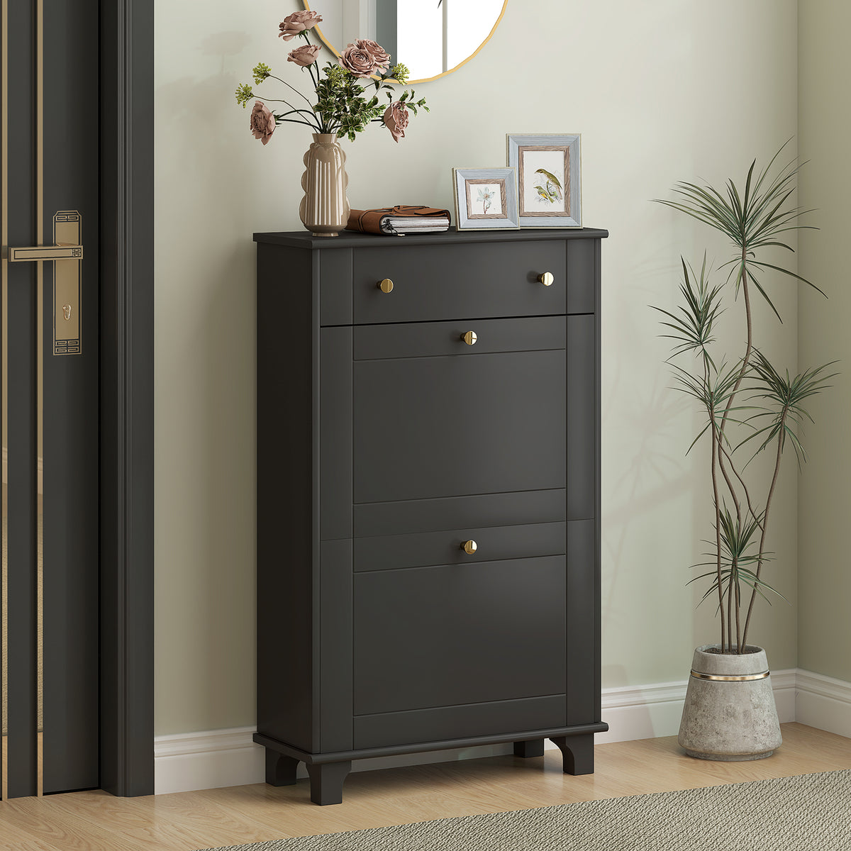 Slim Shoe Storage with 2 Flip Drawers and Adjustable Shelves – 24"W x 39"H
