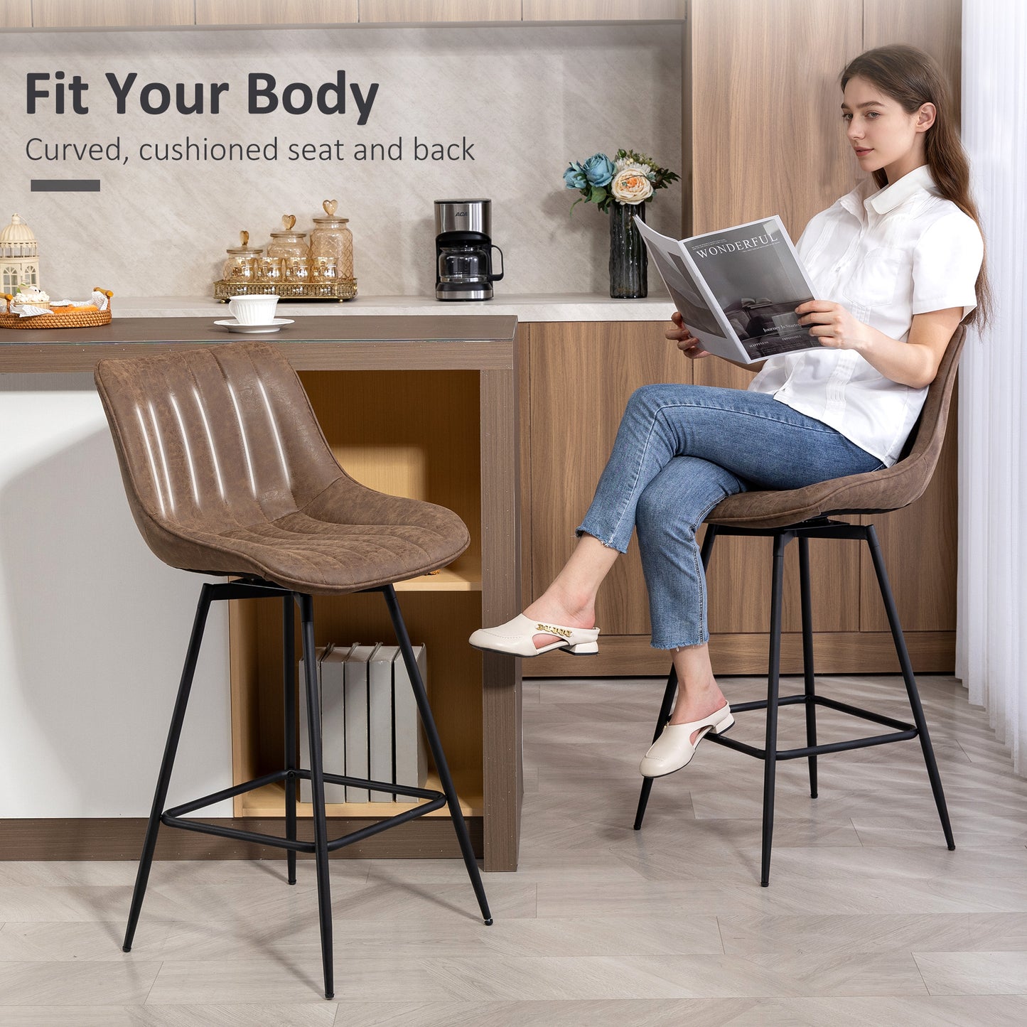 HOMCOM 2-Pack Counter Height Bar Stools, Brown PU Leather, Steel Legs