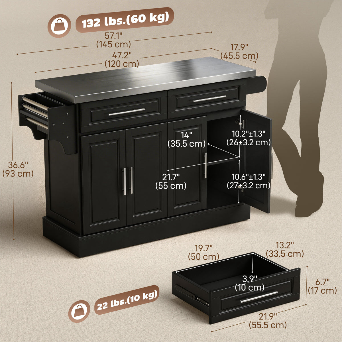 Rolling Kitchen Island with Stainless Steel Top – 57"W x 37"H