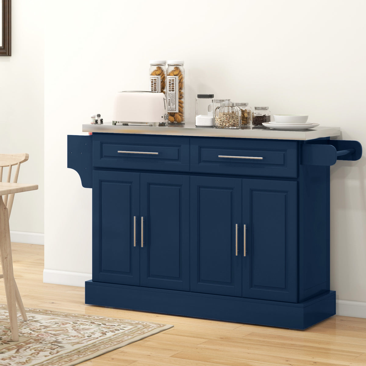 Rolling Kitchen Island with Stainless Steel Top – 57"W x 37"H