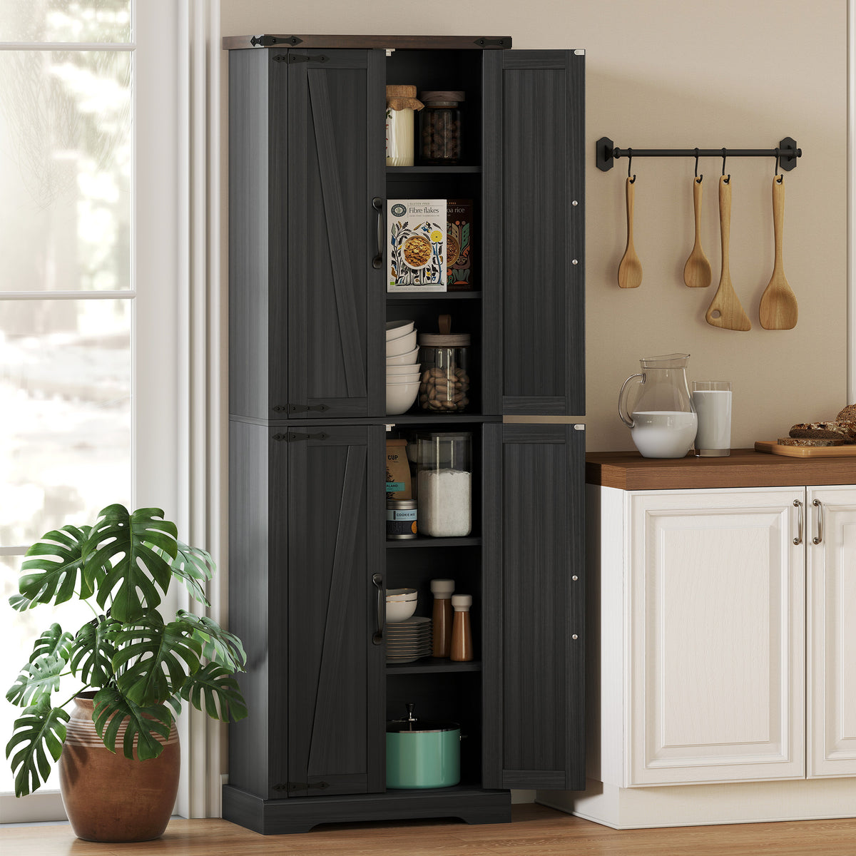 Farmhouse Freestanding Kitchen Storage Cabinet with Adjustable Shelves – 24"W x 72"H