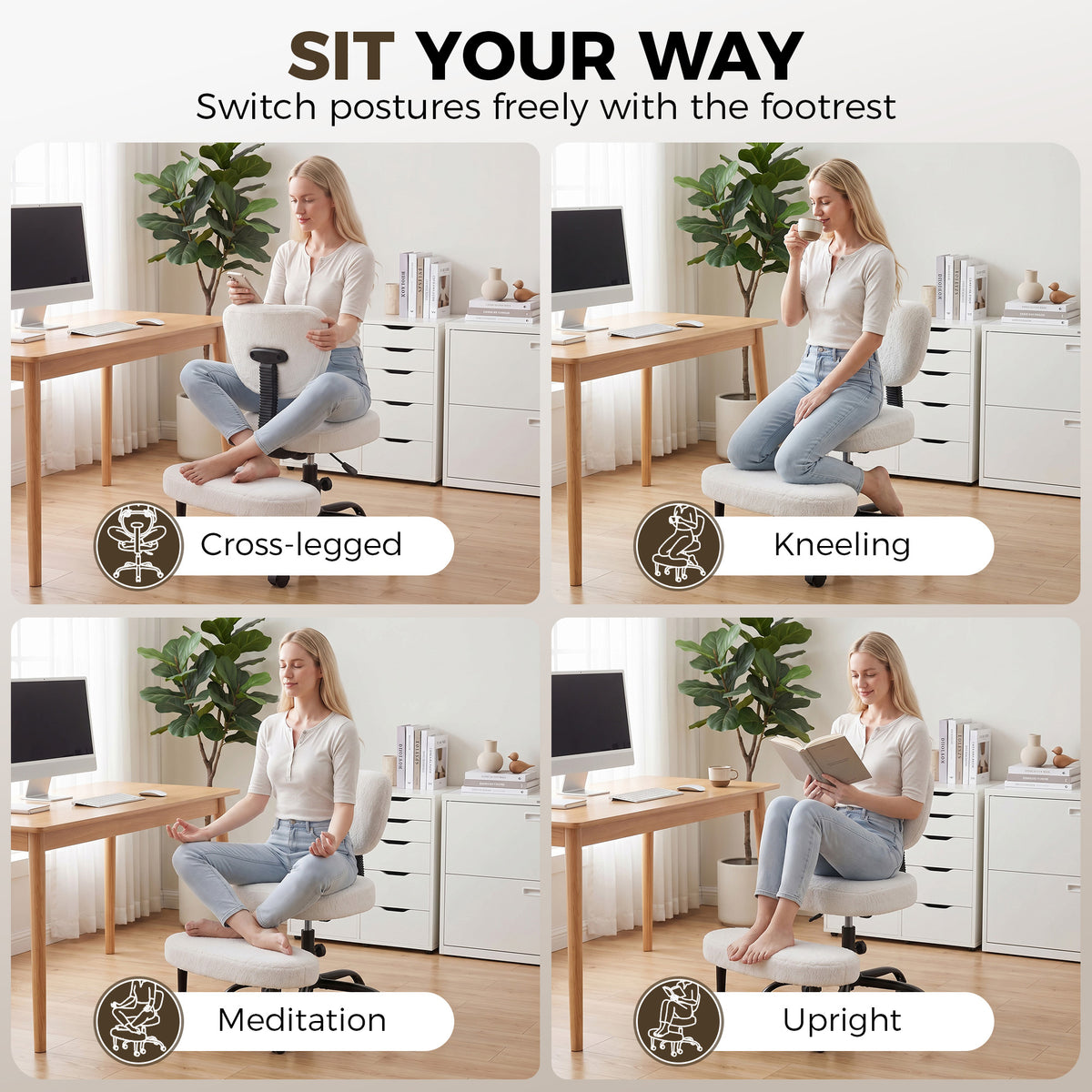 Ergonomic Cross Legged Office Chair with Removable Footrest, Cream