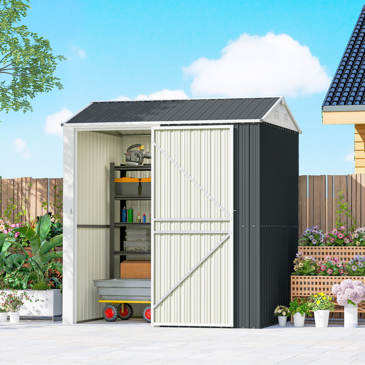 7' x 6' Tall Outdoor Storage Shed, Waterproof Metal Garden Shed with Gloves, Lockable Door – Dark Grey