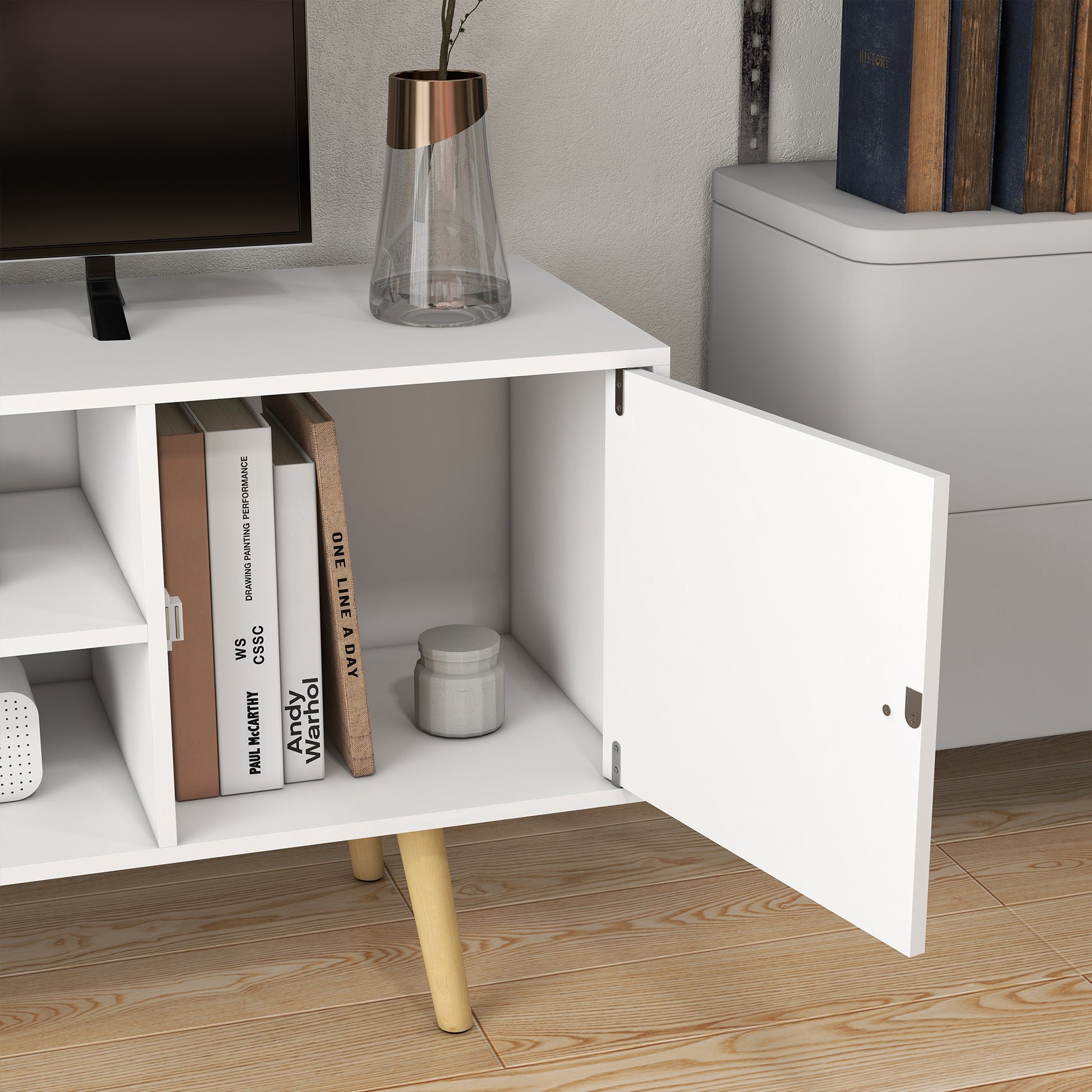 HOMCOM Modern White TV Stand Cabinet with Storage for 55-inch TVs