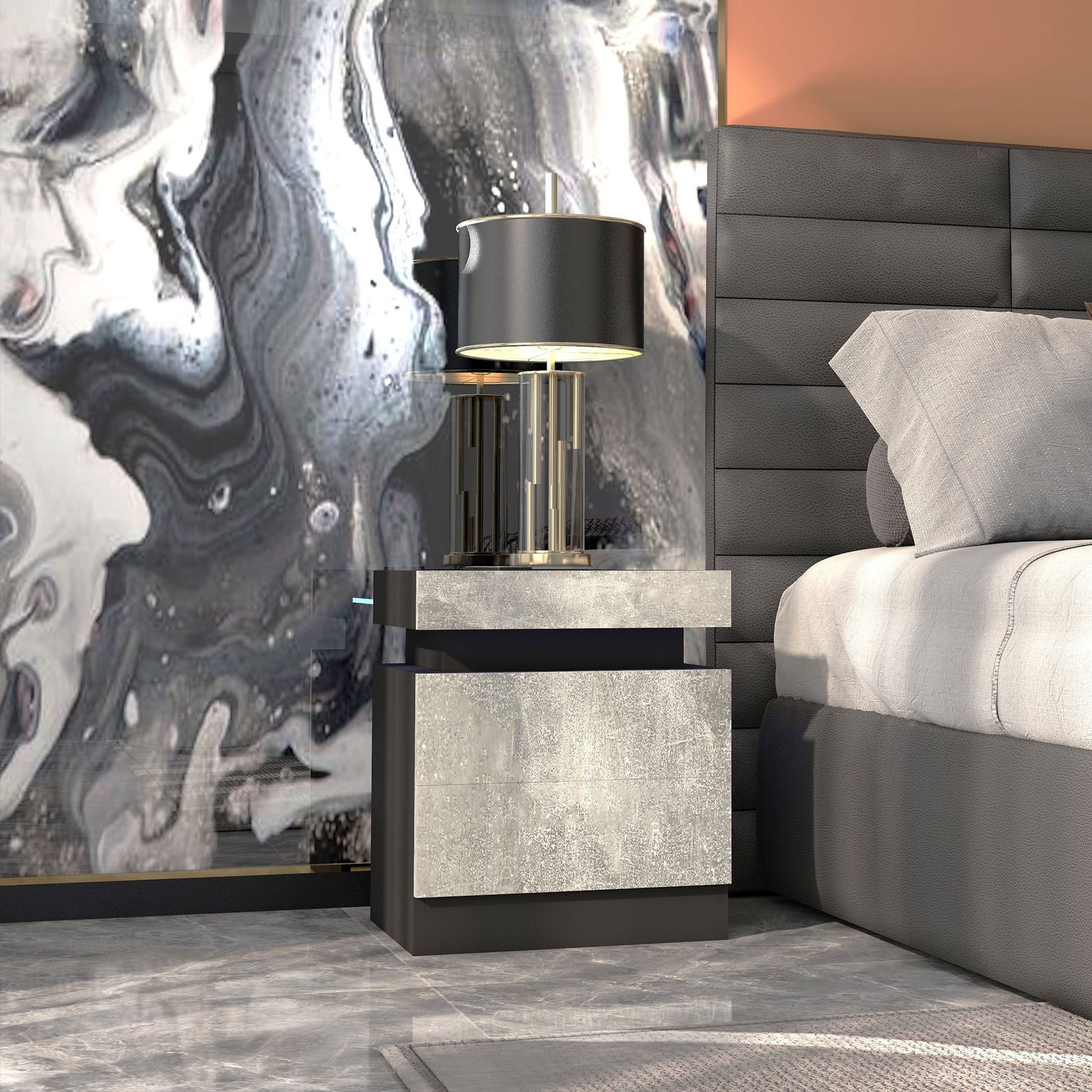 Modern High Gloss Nightstand Bedside Table with LED Lights, 2 Drawers, Grey