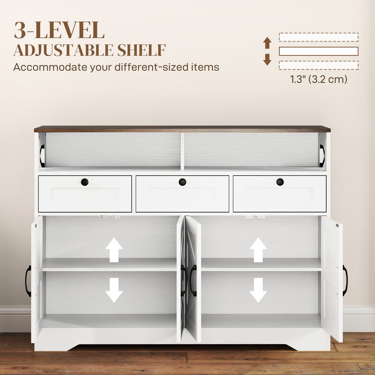 Buffet Cabinet with 4 Barn Doors and 3 Drawers – 47"W x 35"H
