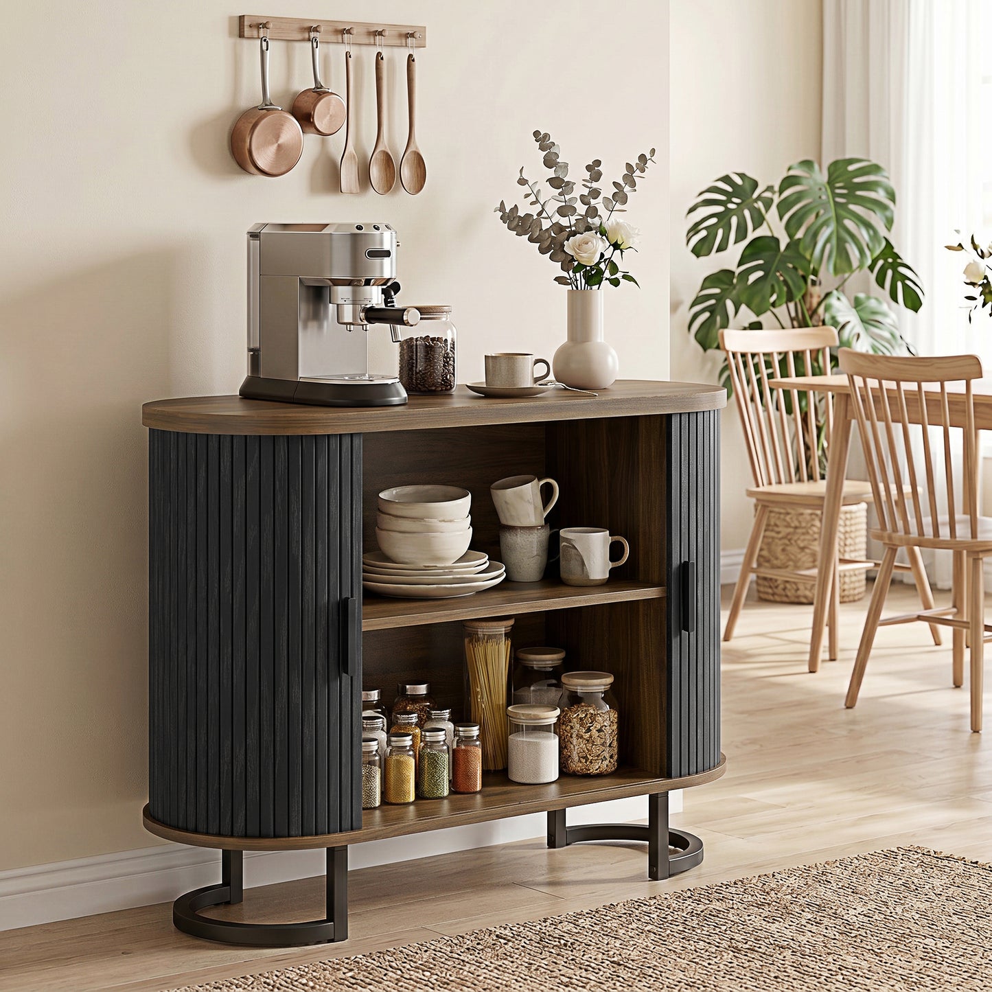 HOMCOM Sideboard Buffet Cabinet Curved Tambour Doors Brown Black