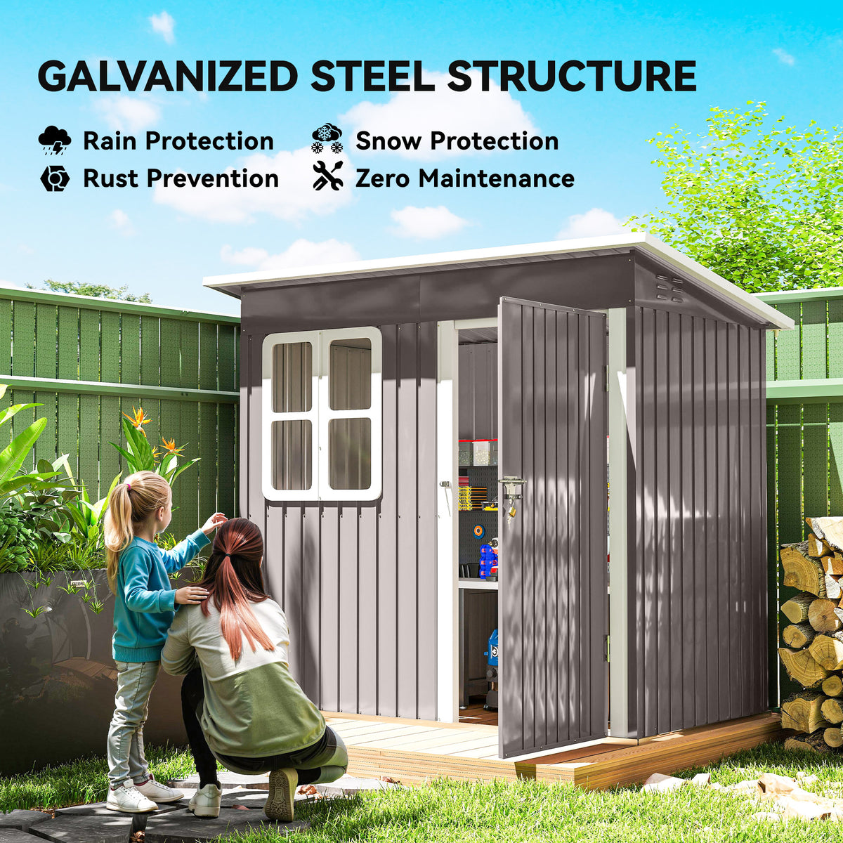 7' x 4' Galvanised Steel Outdoor Storage Shed, Garden Shed with Window, Lockable Wide Door and Air Vents – 87" W x 52.4" D x 68.1" /74.8" H