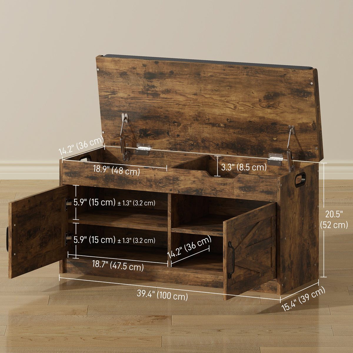 Entryway Shoe Storage Bench with 2-Tier Cabinet – 39"W x 20"H