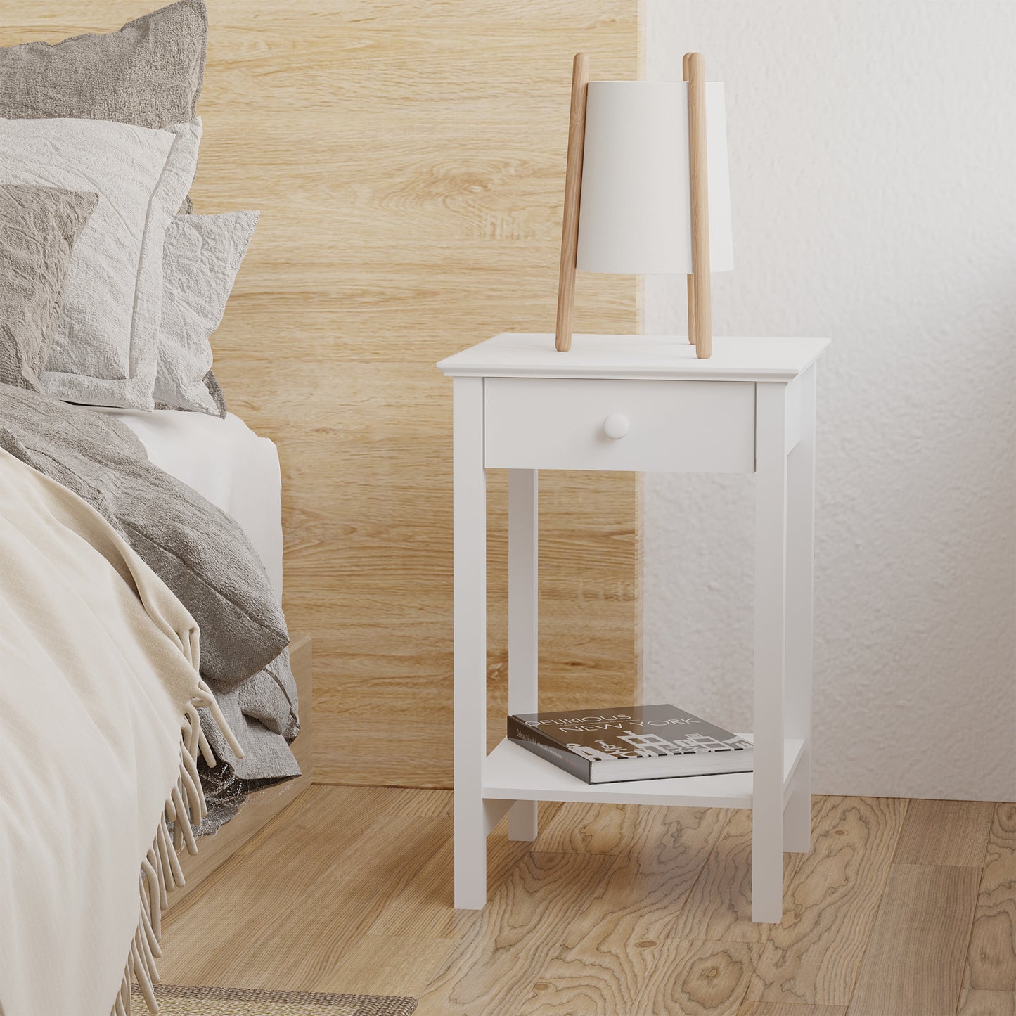 Modern White Bedside Table with Drawer and Storage Shelf - HOMCOM Nightstand